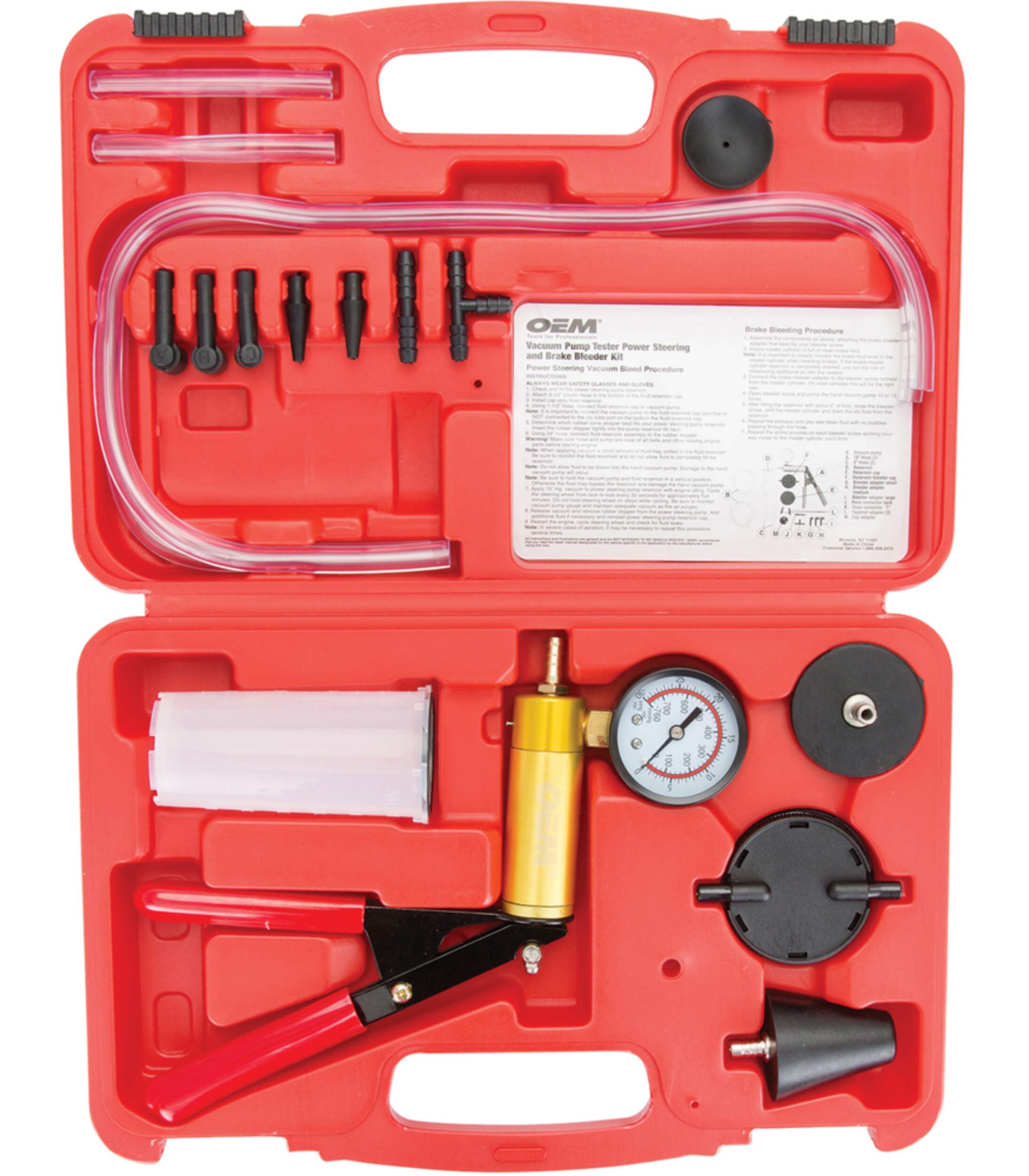 OEMTOOLS® Brake Bleeder, Steering Pump Bleeder & Vacuum Pump Test Kit with Adapters, 16pc