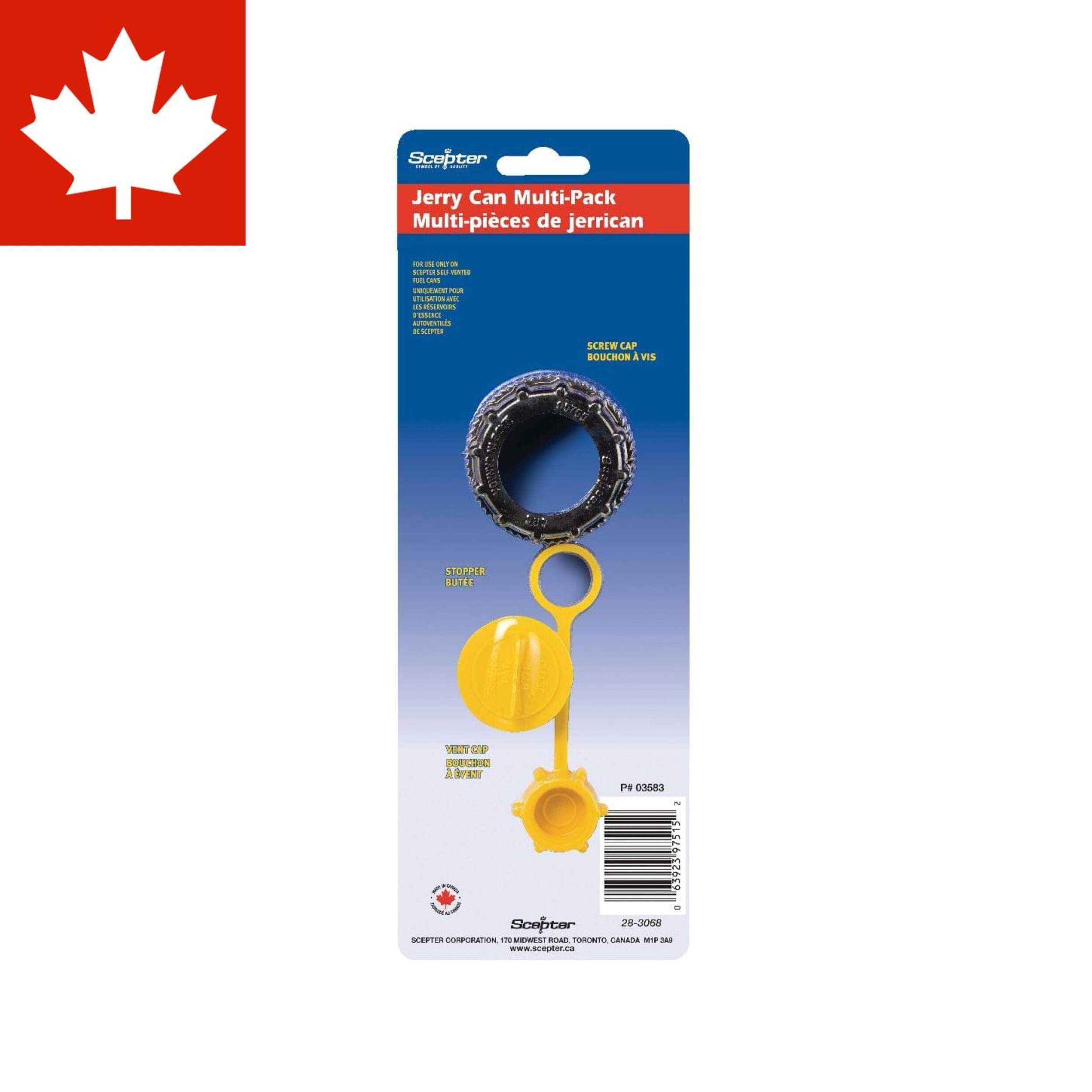 Scepter Gas Can Accessories Kit with Screw Cap, Vent Cap & Stopper, 3-pc Front_Flat