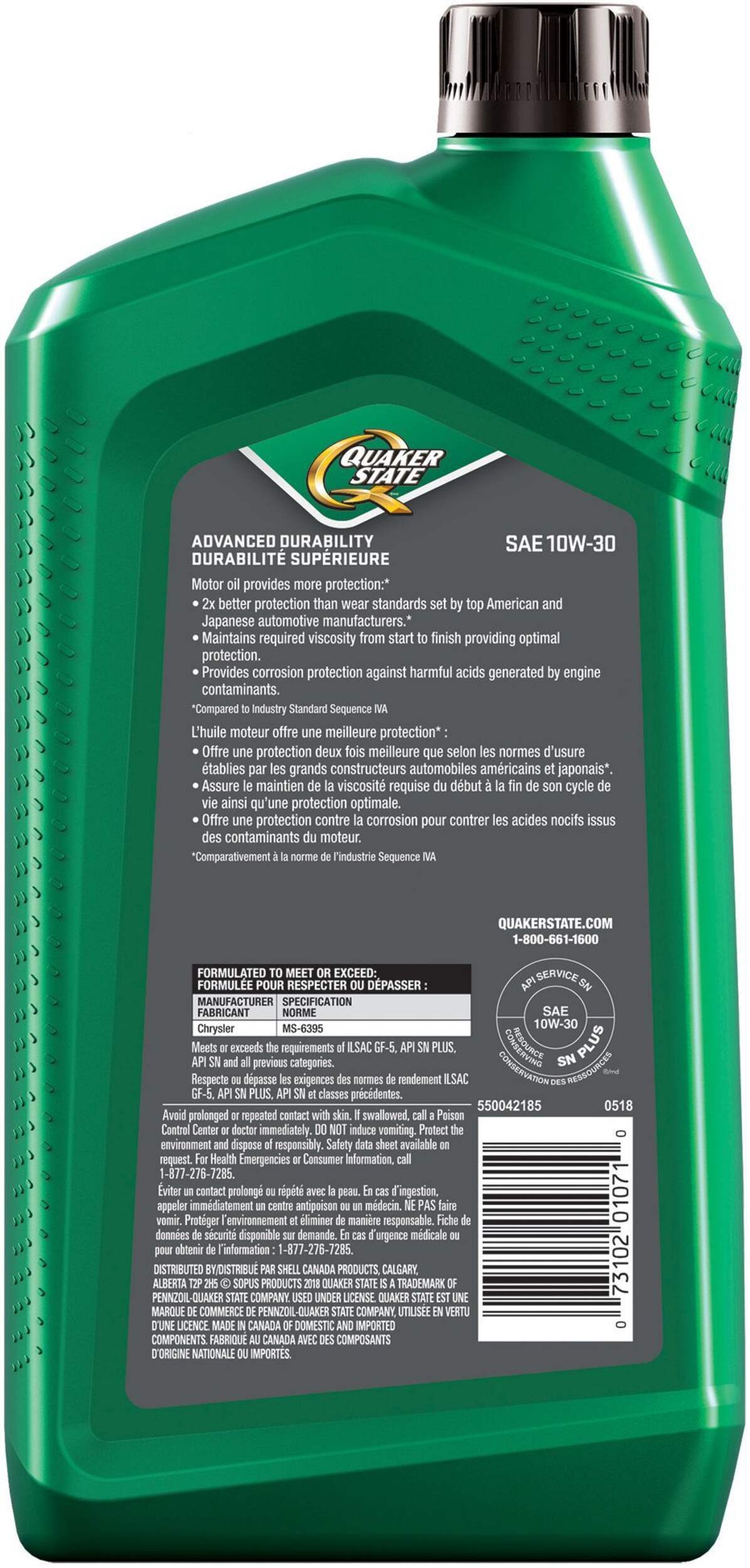 Quaker State 10W30 Advanced Durability Conventional Engine Oil, 946mL
