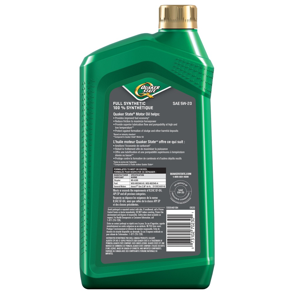Quaker State Full Synthetic 5W20 Engine/Motor Oil, 946mL Canadian Tire