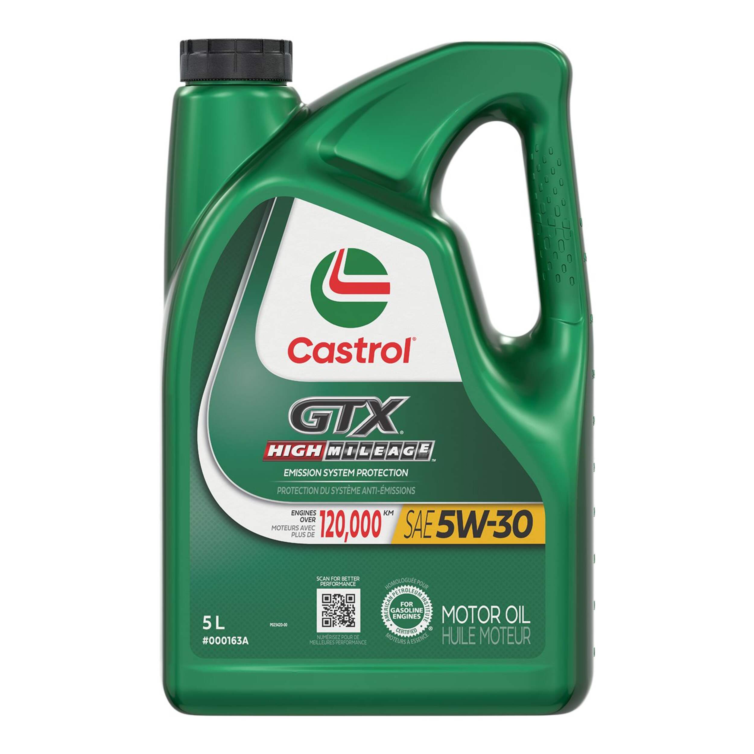 Huile moteur synthétique Castrol GTX, kilométrage élevé, 5W-30, 5 L Front_Flat