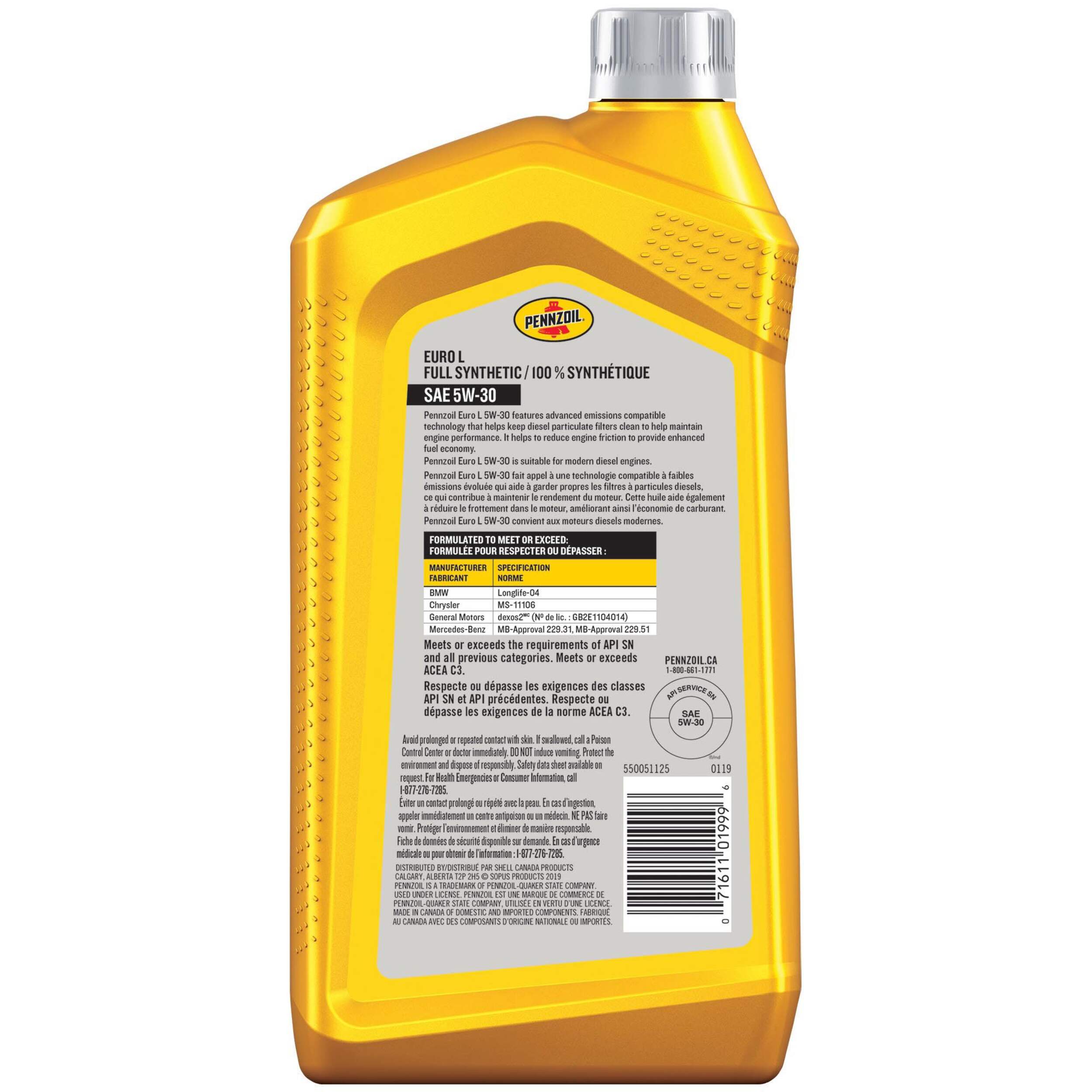 Pennzoil Platinum Euro L 5W30 Synthetic Engine/Motor Oil, 946-mL ...