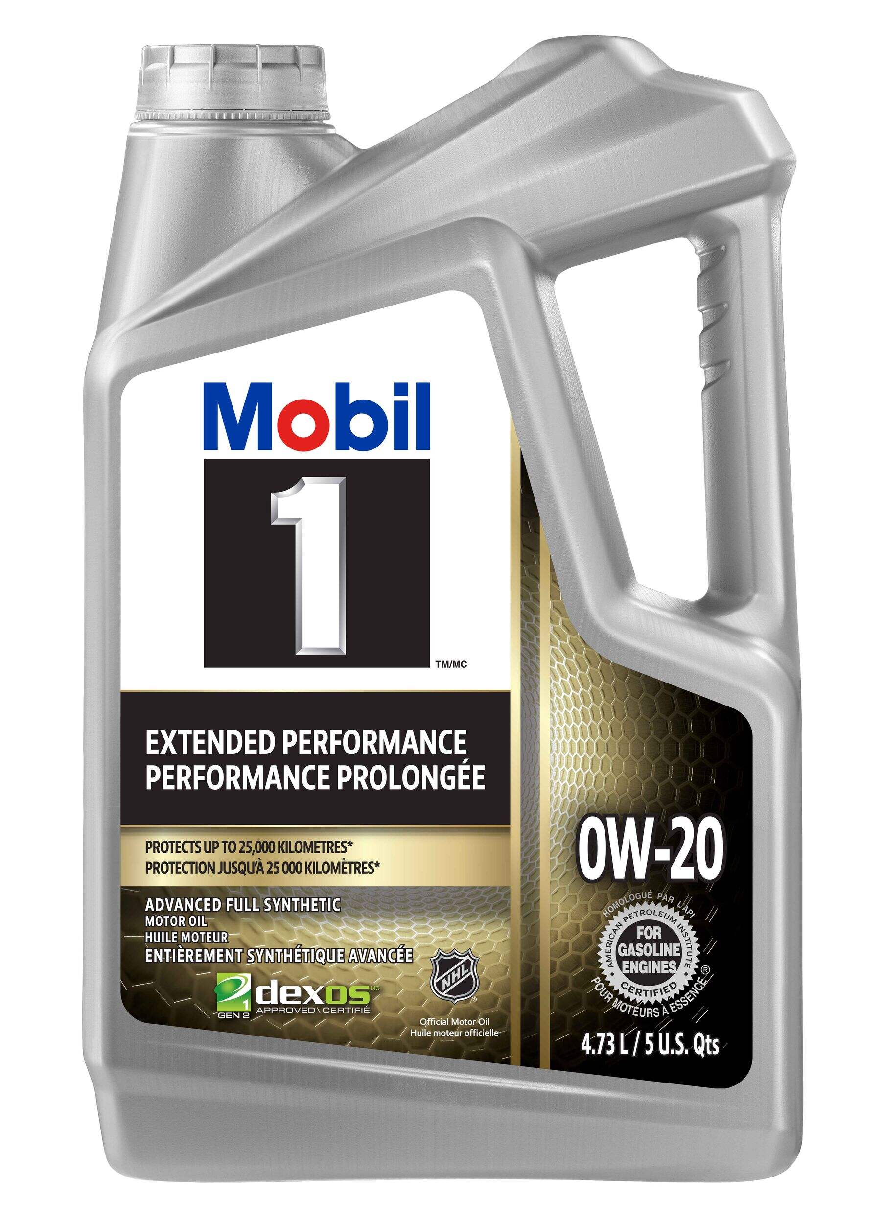 Huile à moteur synthétique Mobile 1, performance prolongée, 0W-20, 4,73 L Front_Flat