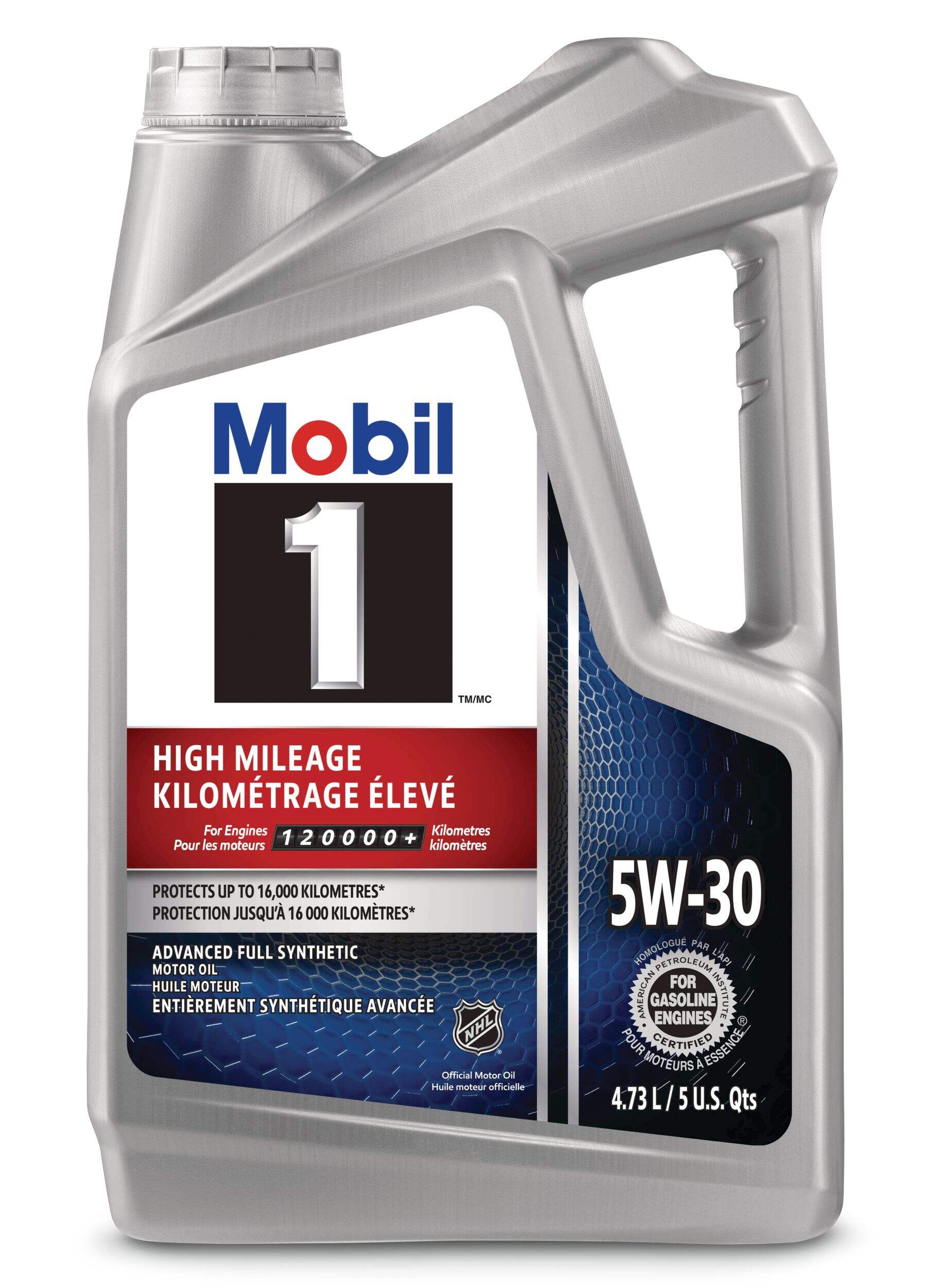 Huile moteur synthétique Mobil 1 EP, 5W-30, kilométrage élevé, 4,73 L Front_Flat