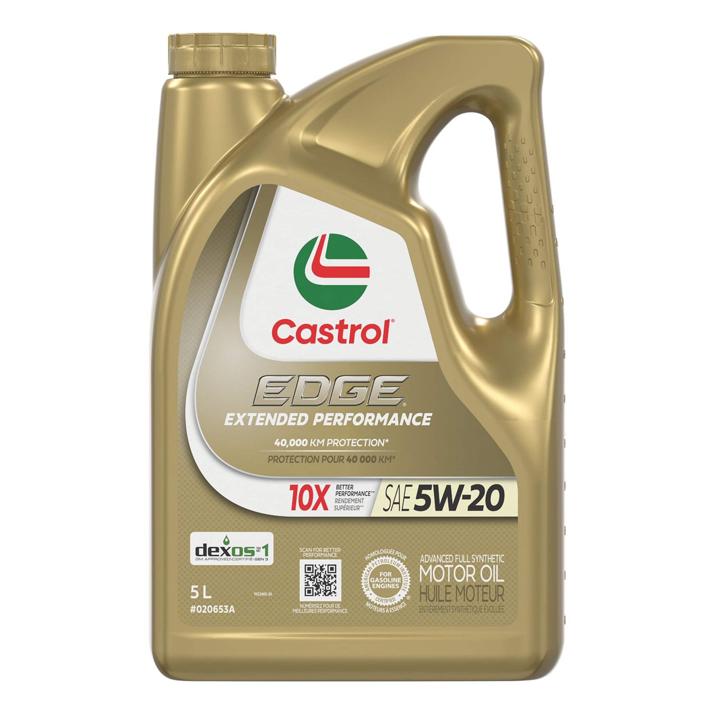 Huile à moteur synthétique Castrol EDGE, performance prolongée, 5W-20, 5 L Front_Flat