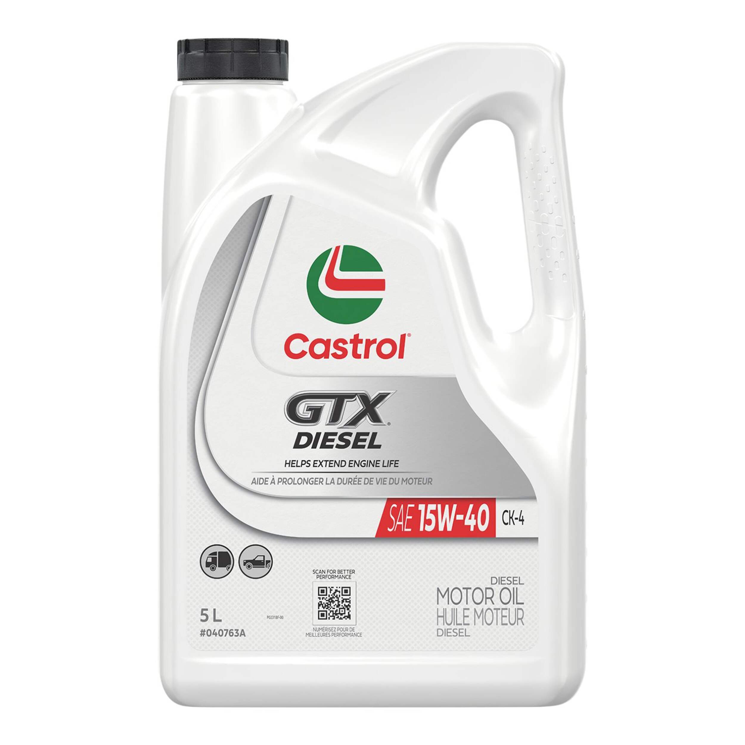 Huile à moteur diesel synthétique Castrol GTX, 15W40, 5 L Front_Flat