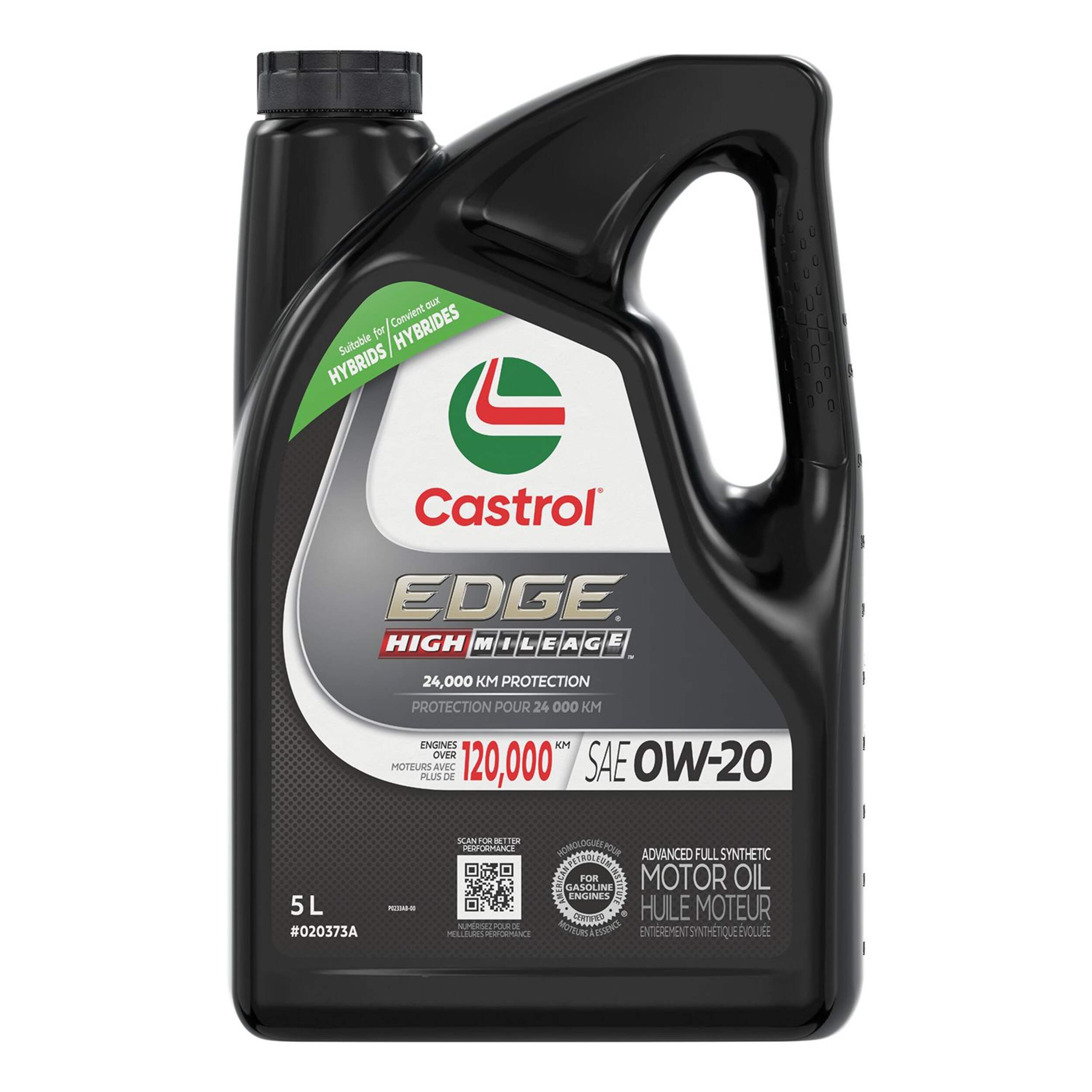 Huile à moteur synthétique Castrol EDGE, kilométrage élevé, 0W-20, 5 L Front_Flat