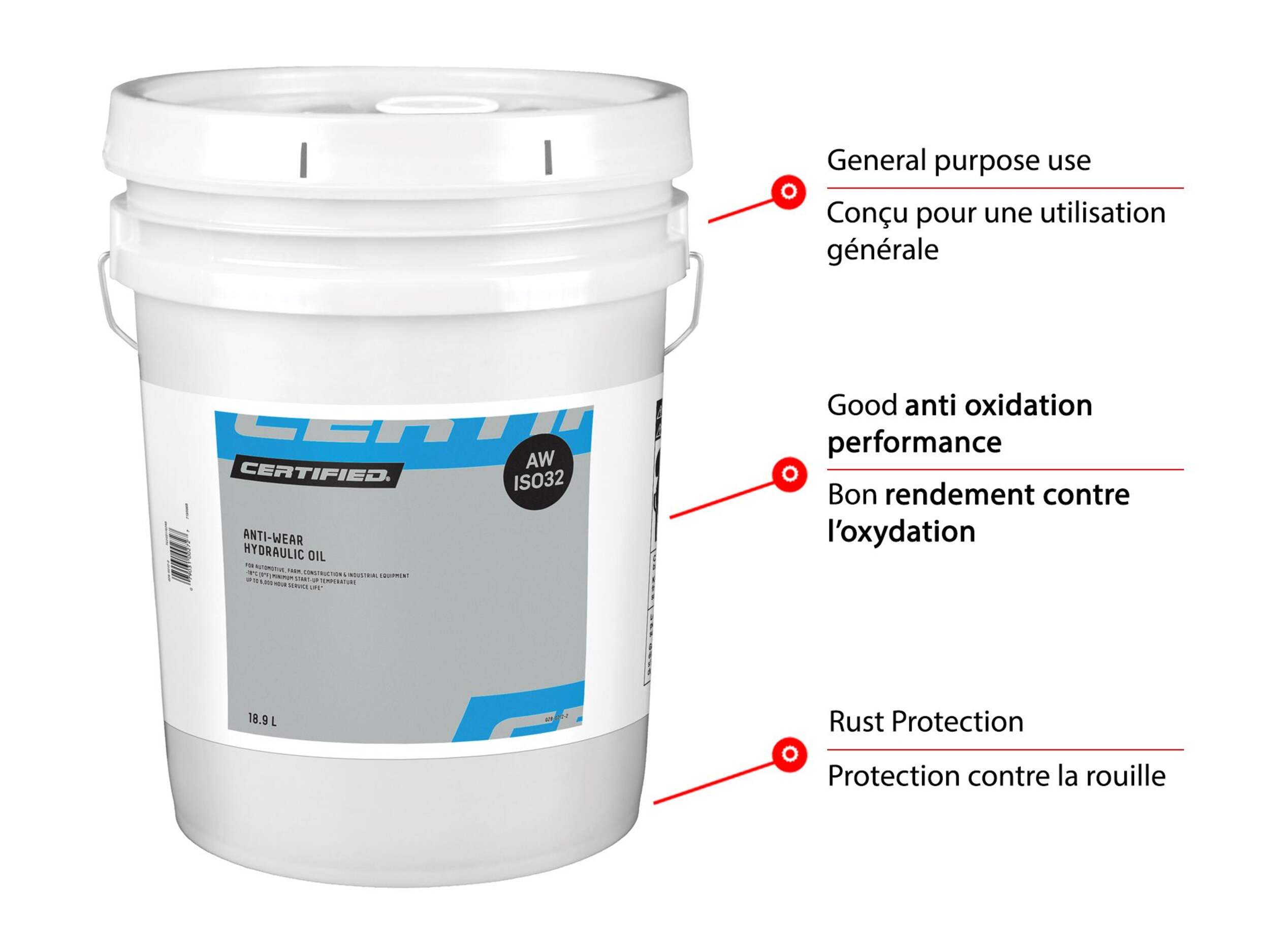 Huile hydraulique anti-usure Certified AW32, 18,9 L Front_Elevated