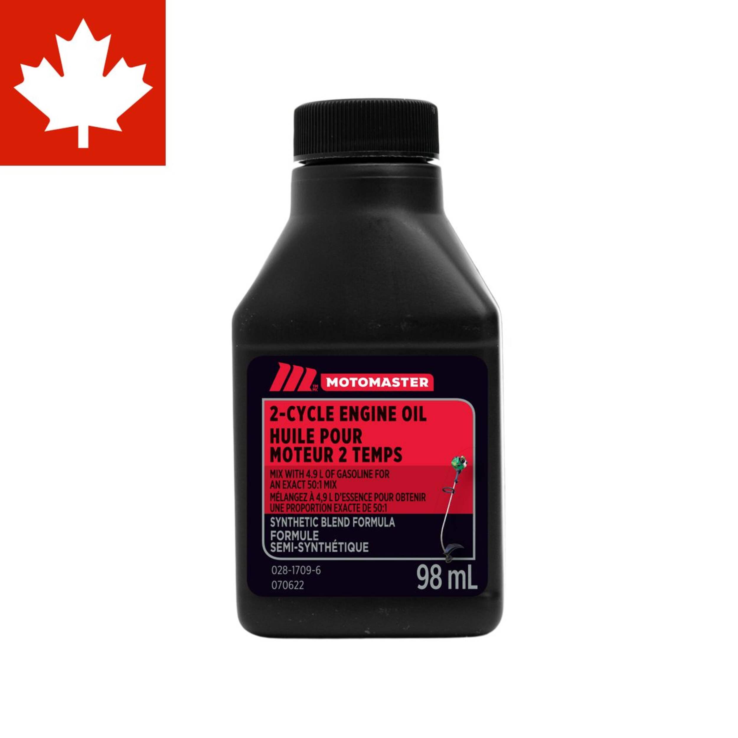 Huile synthétique 2 temps MotoMaster mélange parfait 50:1, 98 mL Front_Flat