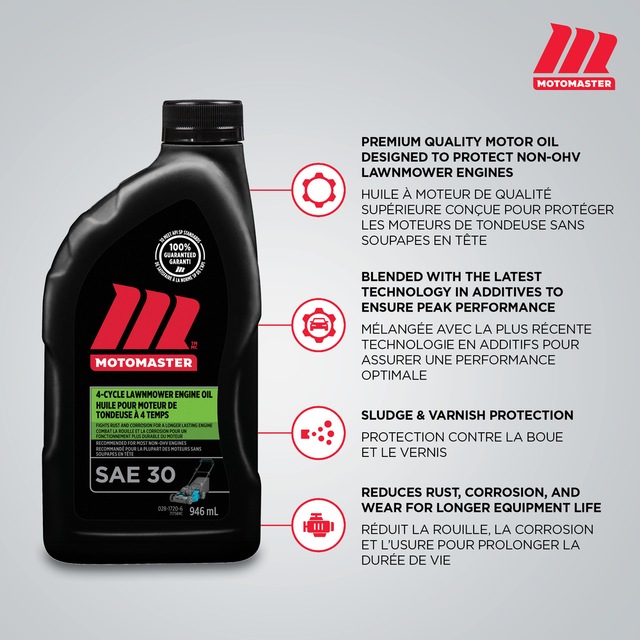 Huile pour tondeuse 4 temps MotoMaster SAE 30, 946 mL Canadian Tire