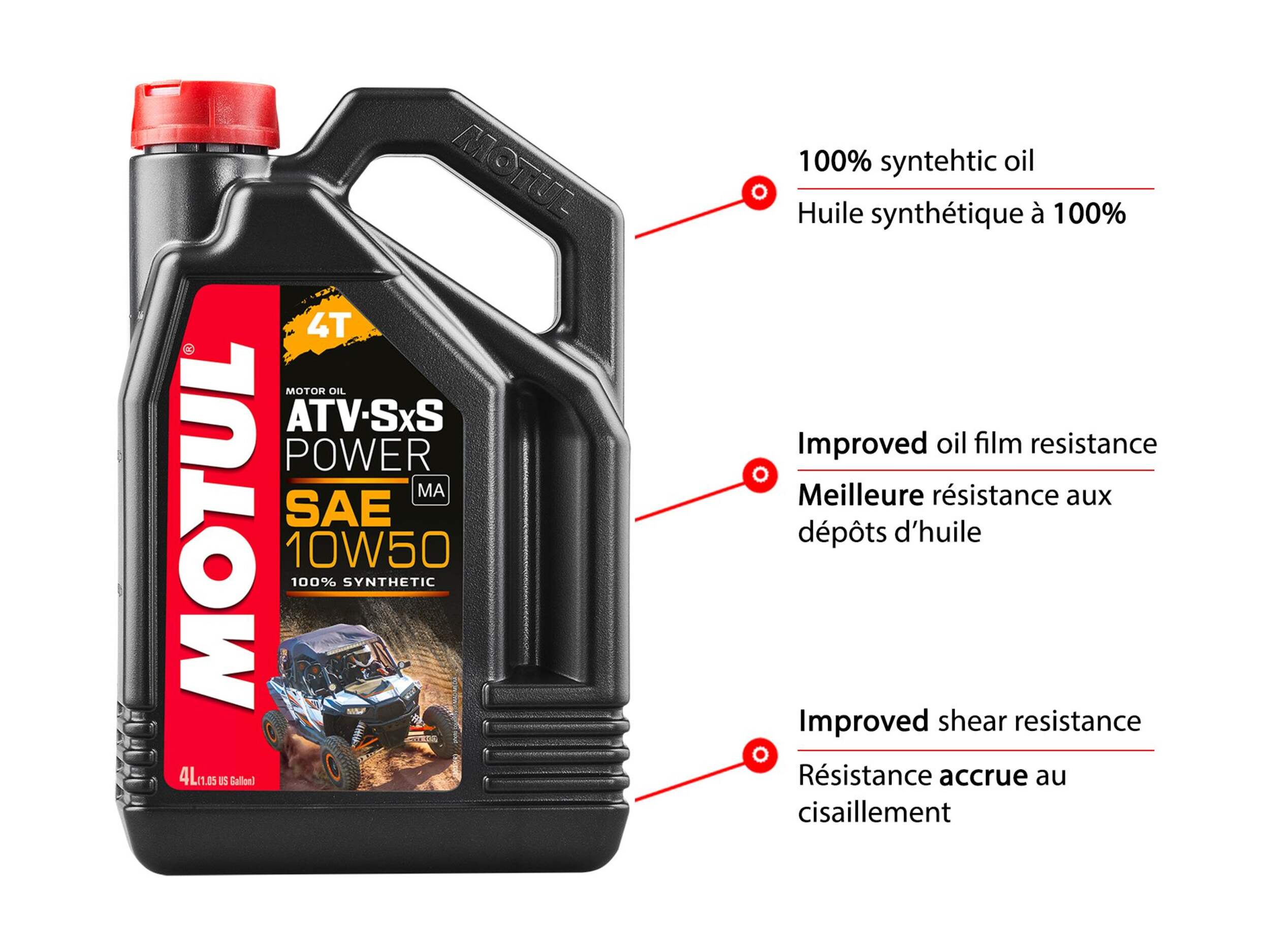 Huile synthétique pour VTT/VUTT Motul, moteur à 4 temps 10W50, 4 L Front_Flat
