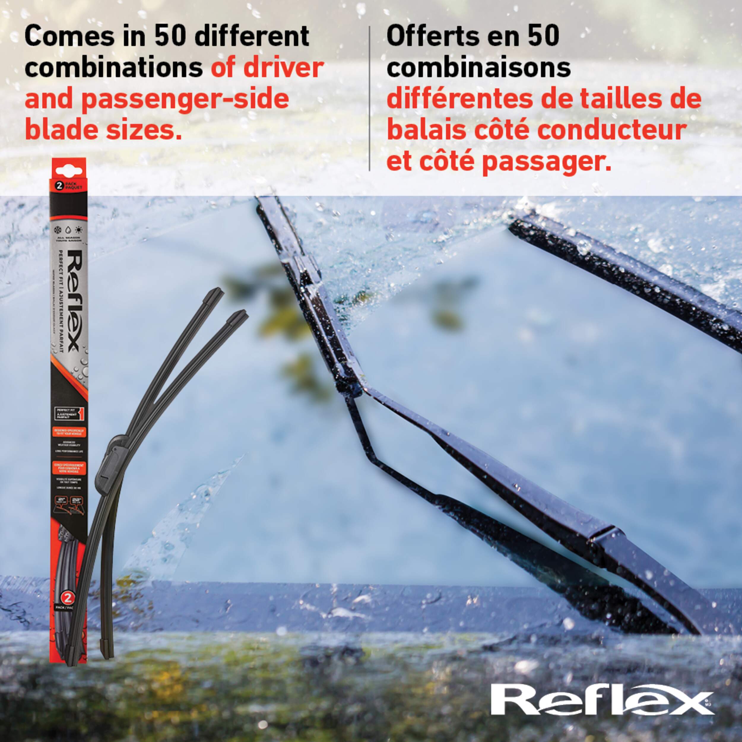 Reflex Perfect Fit All Season Wiper Blades, 2pk, Assorted Sizes