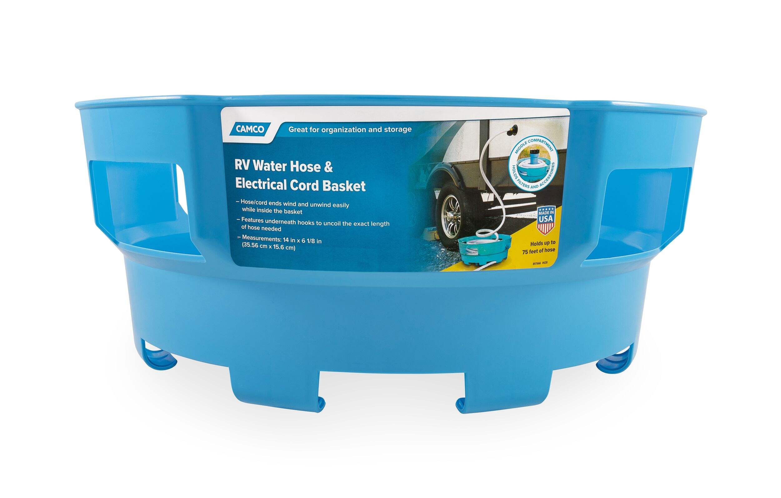 CAMCO 20166 Water Hose & Electrical Cord RV Basket, 19 x 8-in, Blue Front_Flat