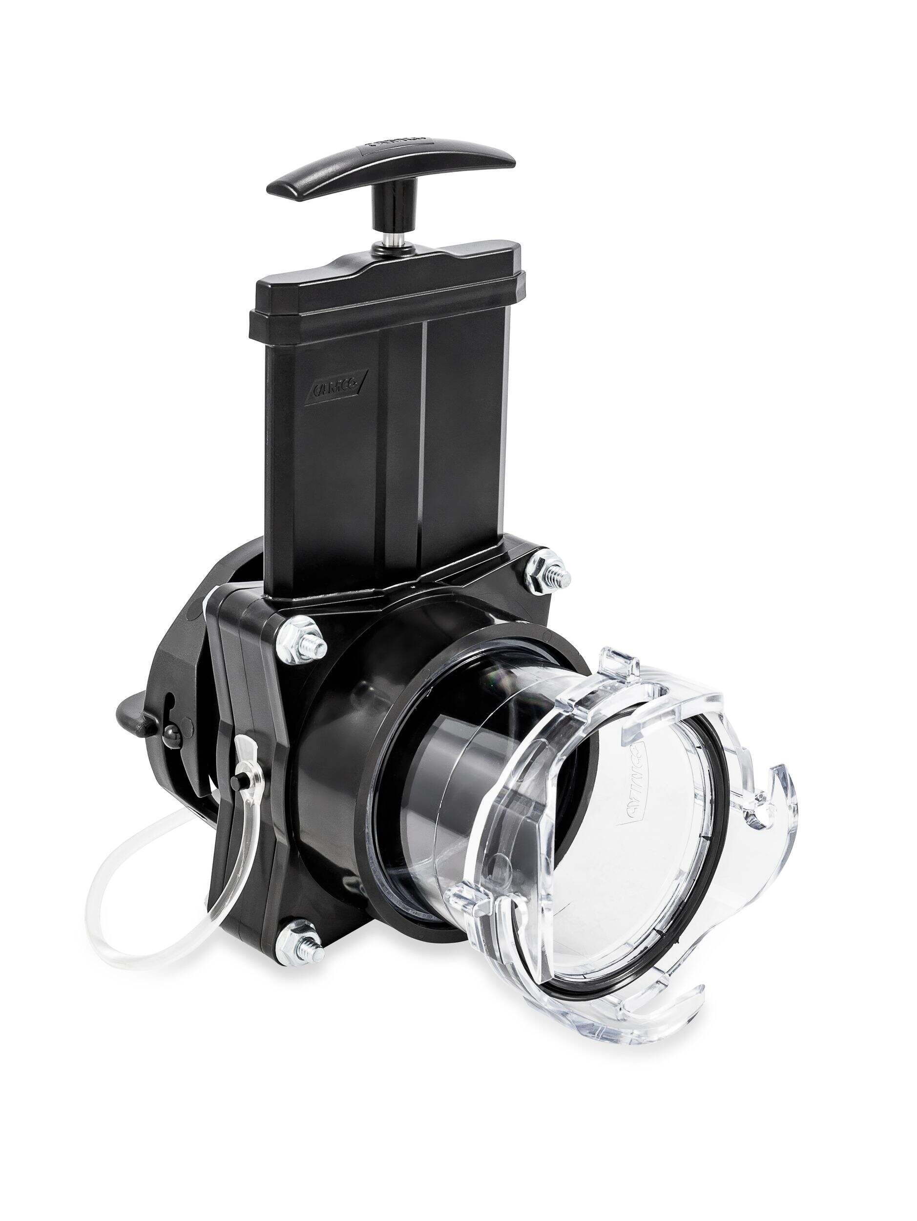Camco 39053 Ready-to-Use RV Gate Valve with Built-in Clear Adapter and Cap Front_Three_Fourths_Angled_Right