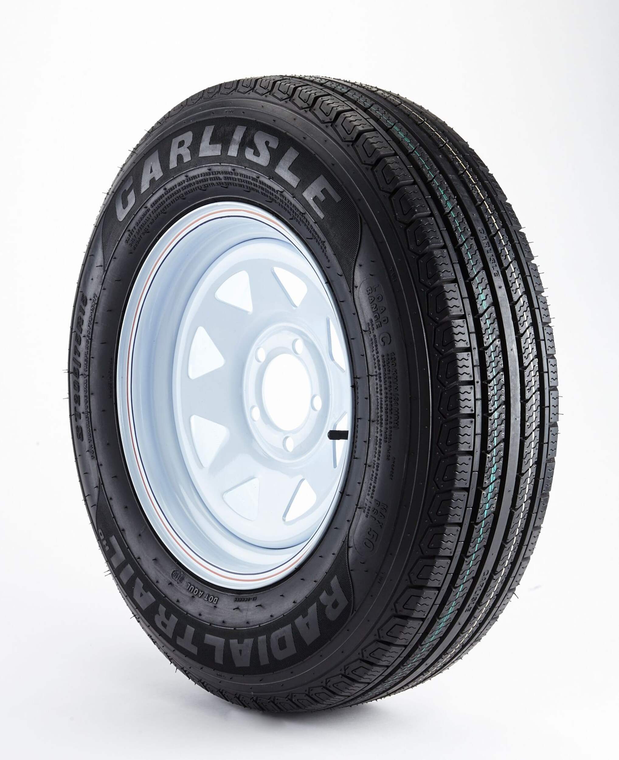 Carlisle Radial Trail HD 5-Bolt Trailer Tire Assembly, ST205/75R15-C Front_Three_Fourths_Angled_Right