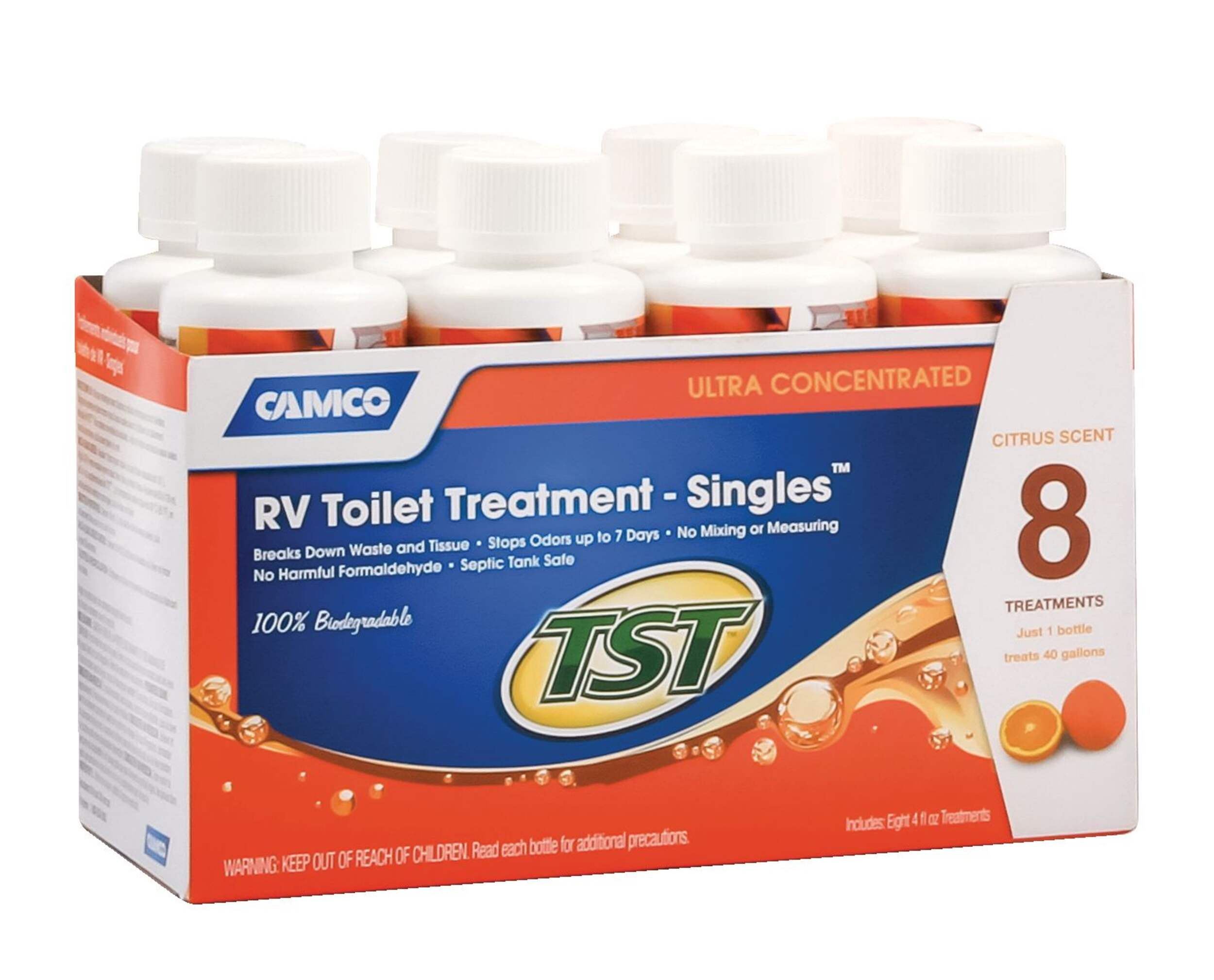 CAMCO TST Orange Scent Ultra Concentrated RV Holding Tank/Toilet Treatment, 118mL, 8-pk Front_Angled_Right