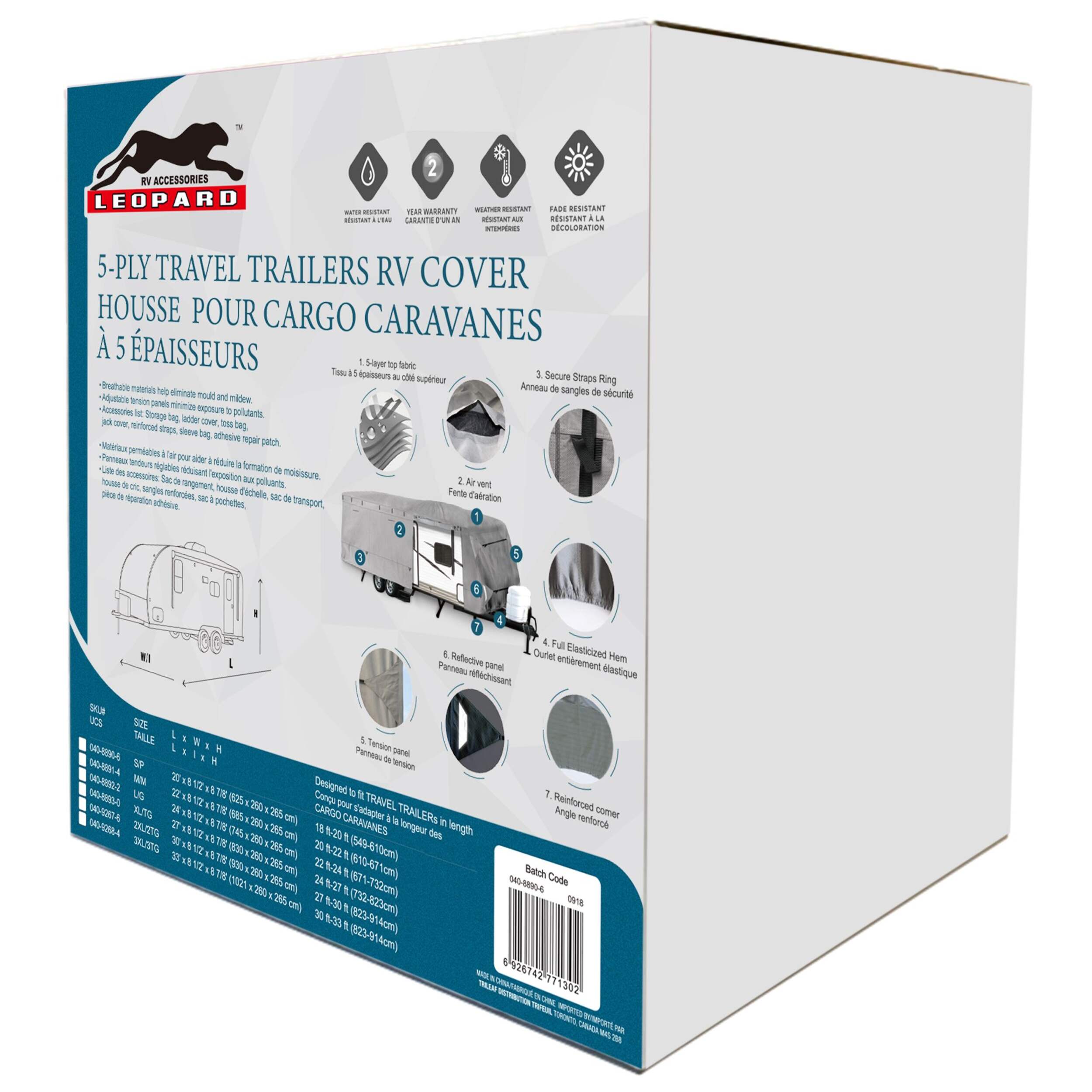 Leopard 5-Ply Travel Trailers RV Cover, Fits 27-30-ft Trailers Front_Three_Fourths_Angled_Left