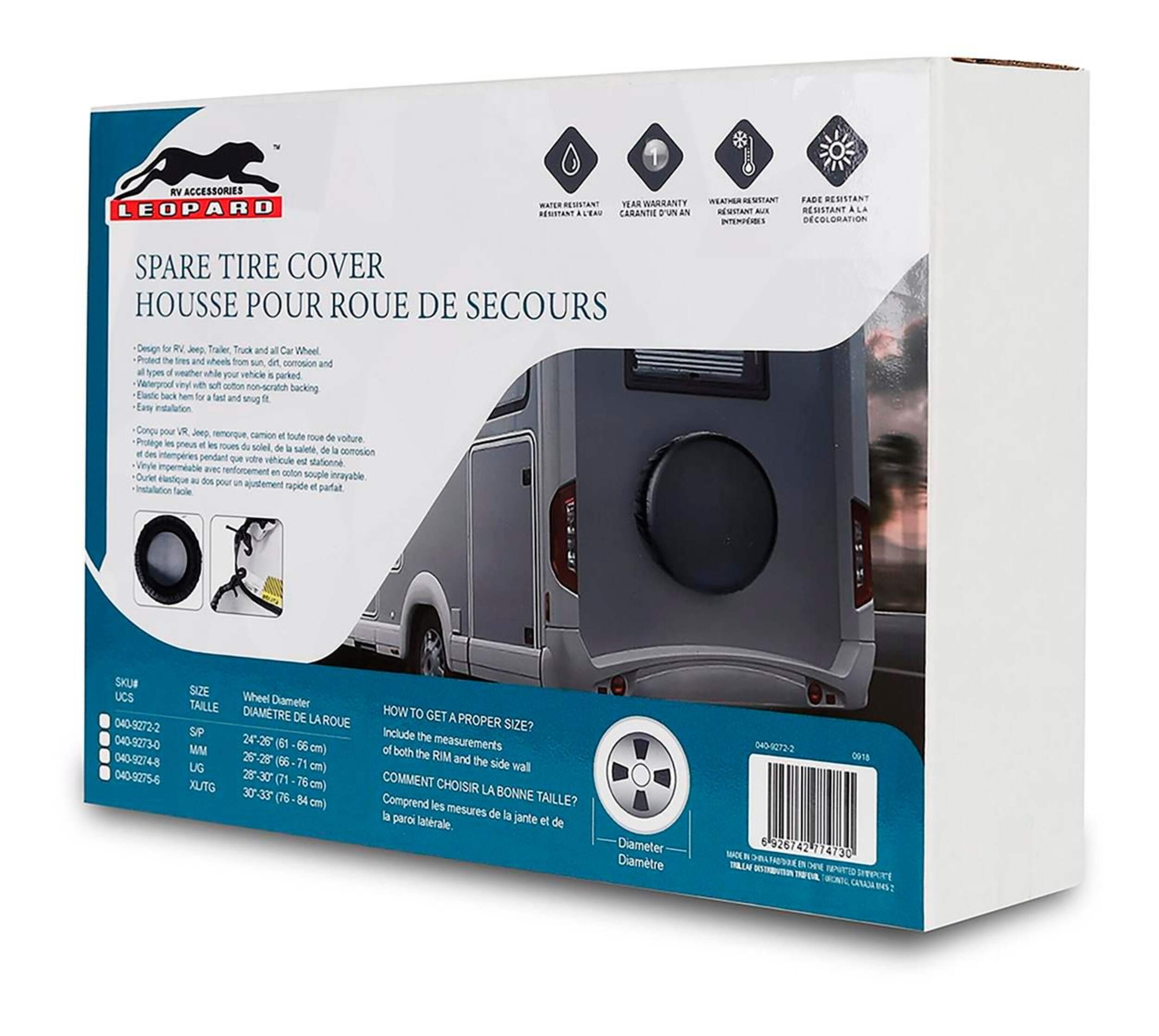 Housse de pneu de secours pour VR Leopard, étanche, noir, 26 à 28 po Front_Three_Fourths_Angled_Right