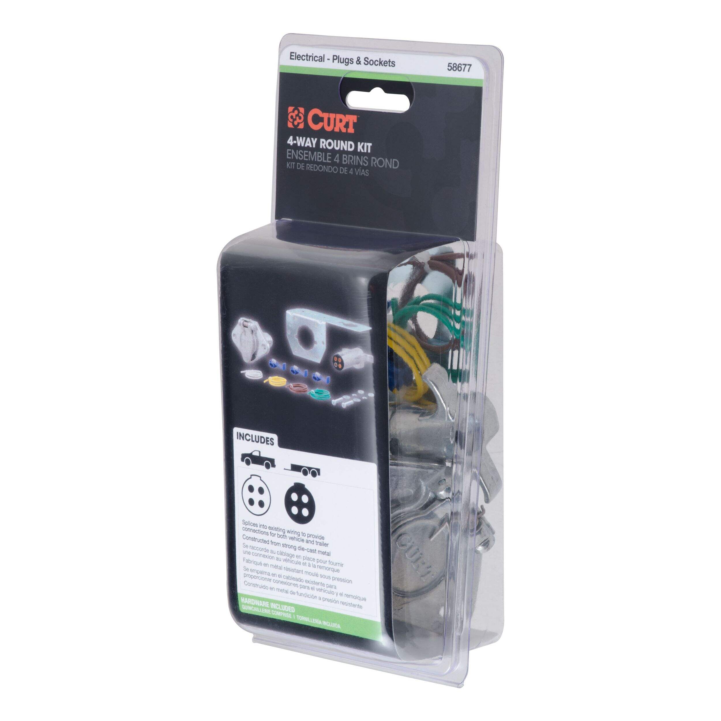 CURT 4-Way Round Connector Plug & Socket with Hardware (Packaged) Front_Three_Fourths_Angled_Left