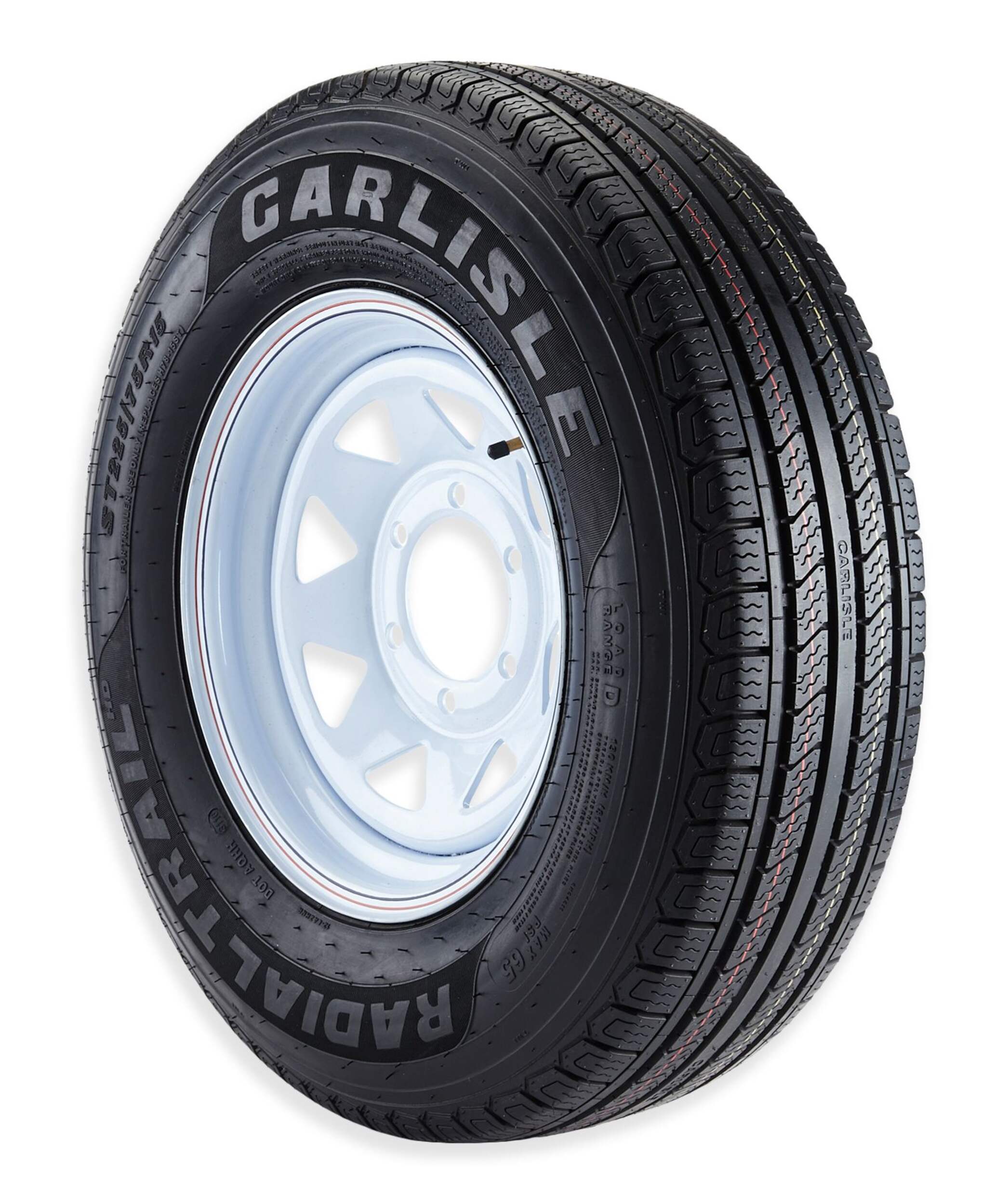 Carlisle Radial Trail HD 6 Bolt Trailer Tire Assembly, ST225/75R15-Load D Front_Three_Fourths_Angled_Right