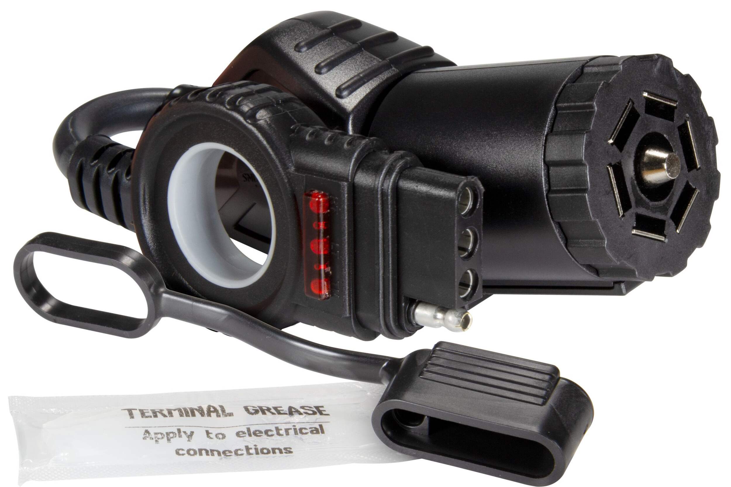 Connecteur lame 7 voies vers plat 4 voies avec DEL de vérification Hopkins Towing Solution Endurance Easy-Pull Front_Angled_Right