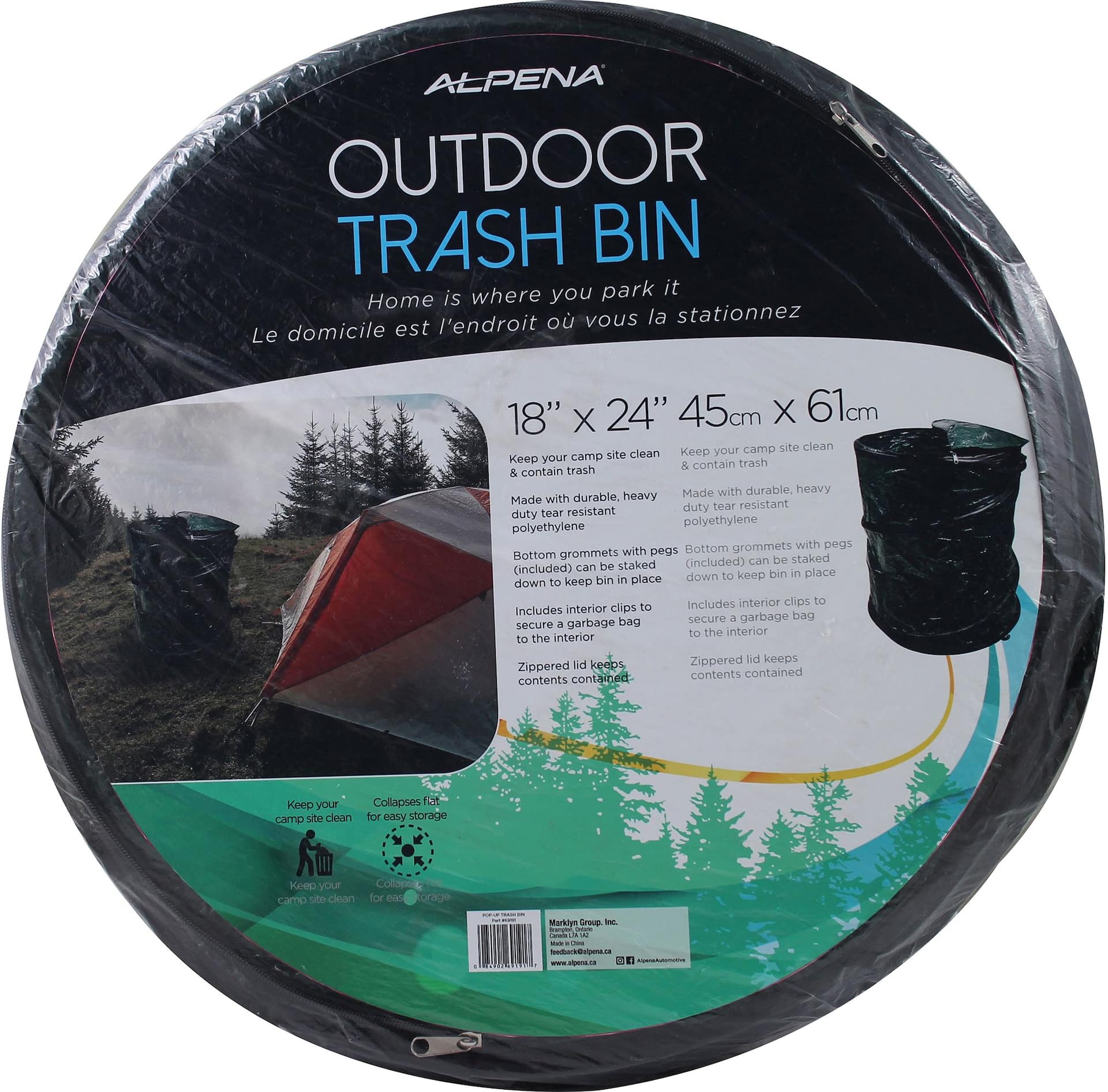 Alpena Pop-Up Outdoor Trash Bin with a Zipper Lid, 18x24-in