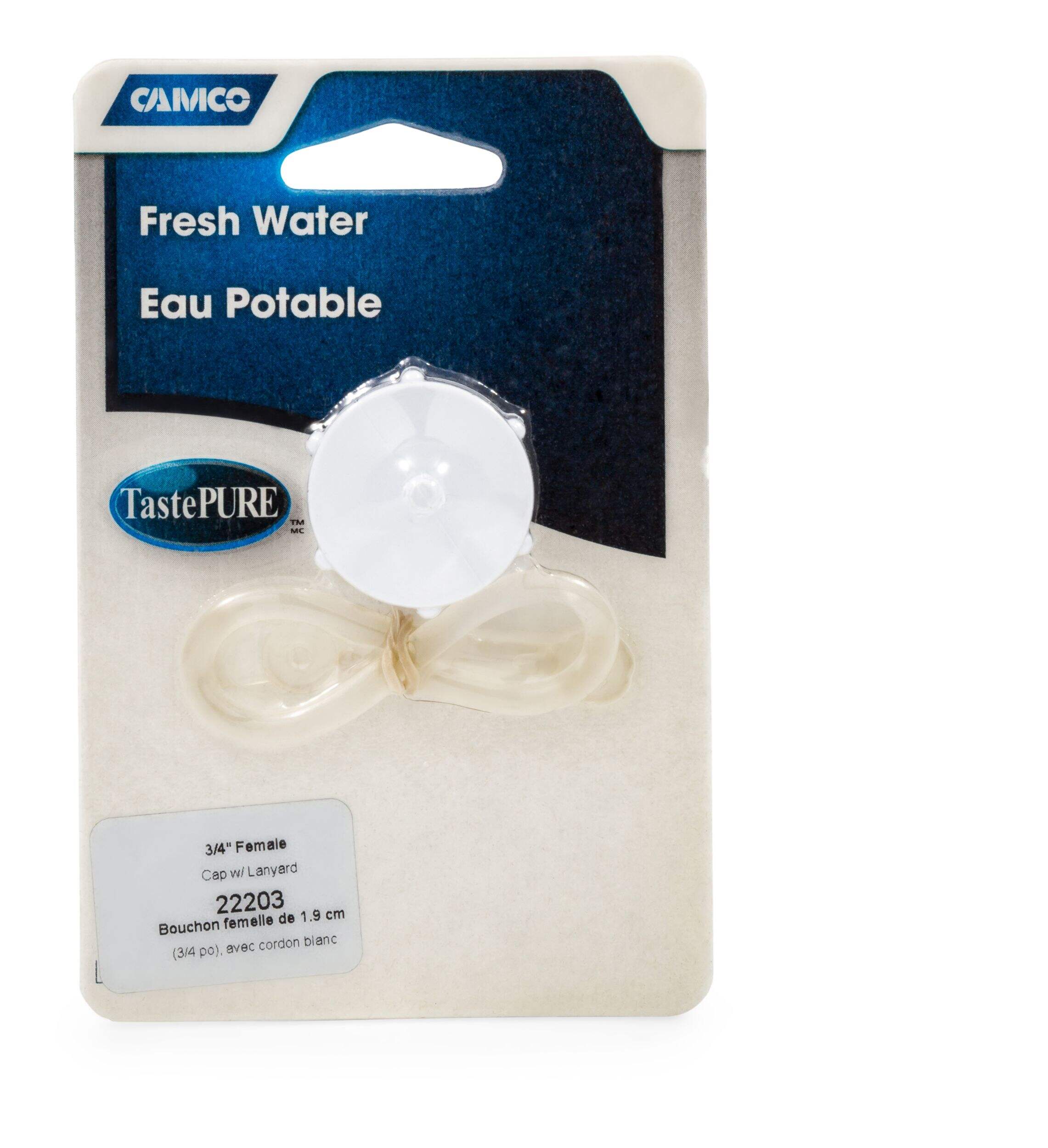 Camco 3/4-in Female Cap with Lanyard, White Front_Flat