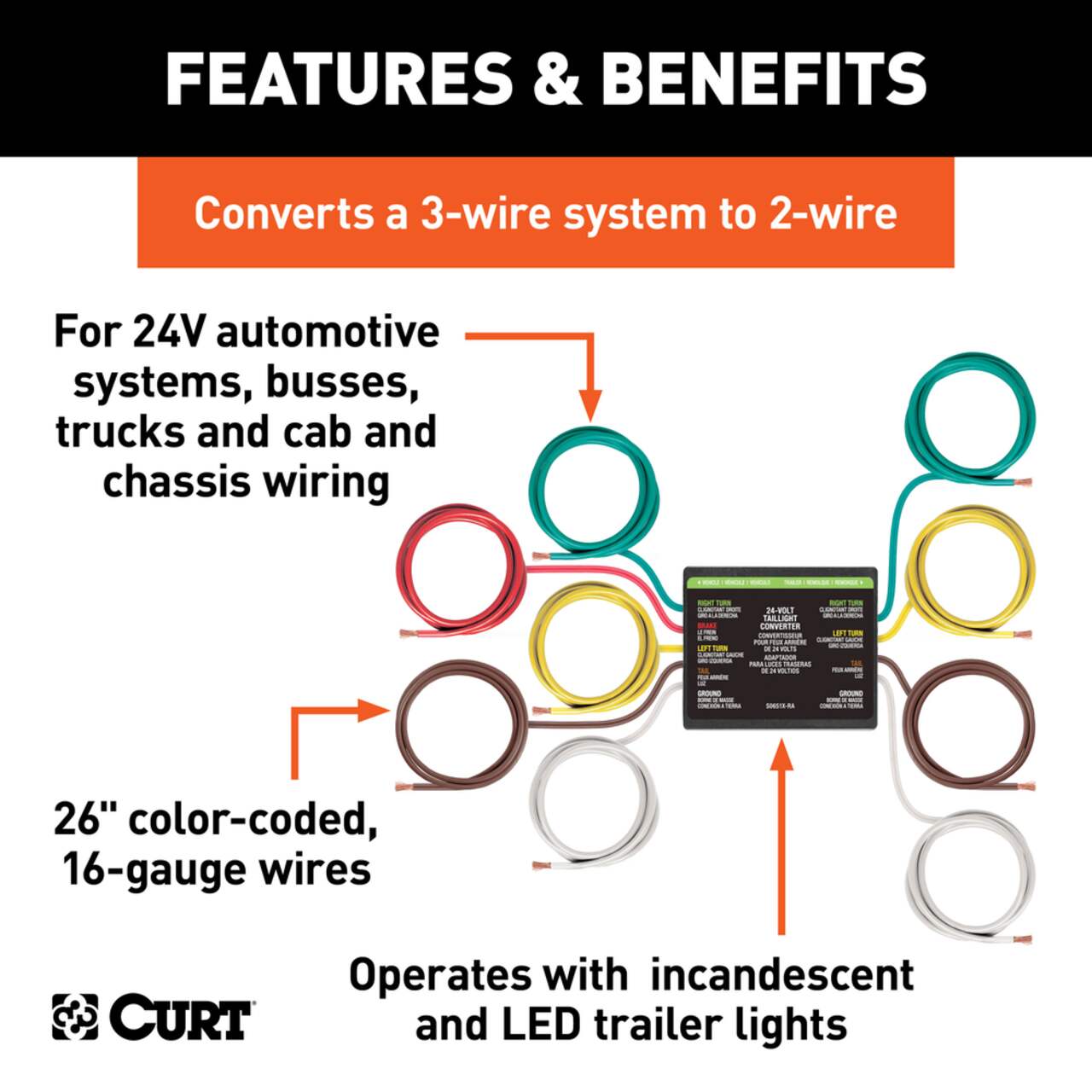 CURT Universal 24V 3 to 2 Wire Trailer Tail Light Converter