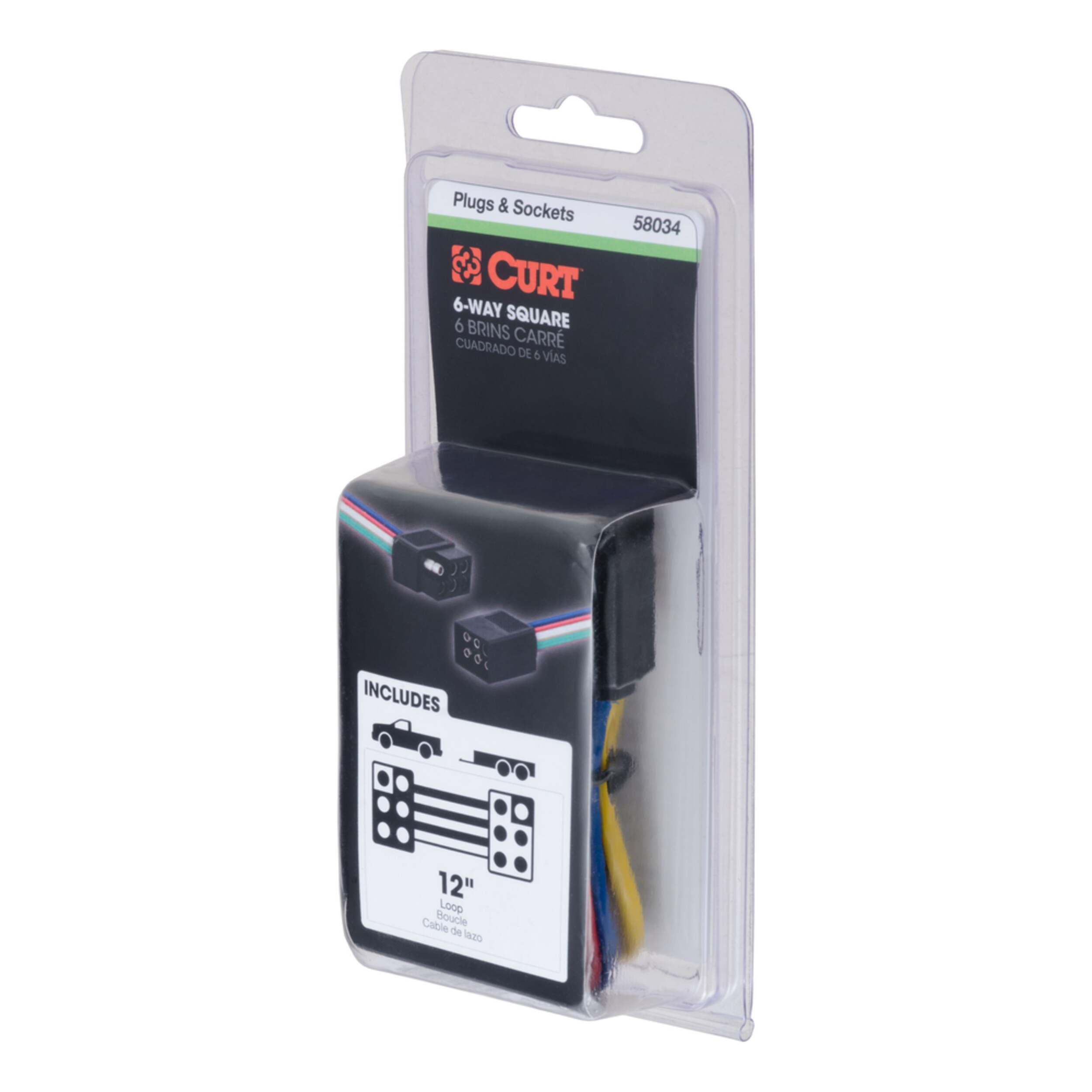 CURT 58034 6Way Square Vehicle & Trailer Connector Plug & Socket with