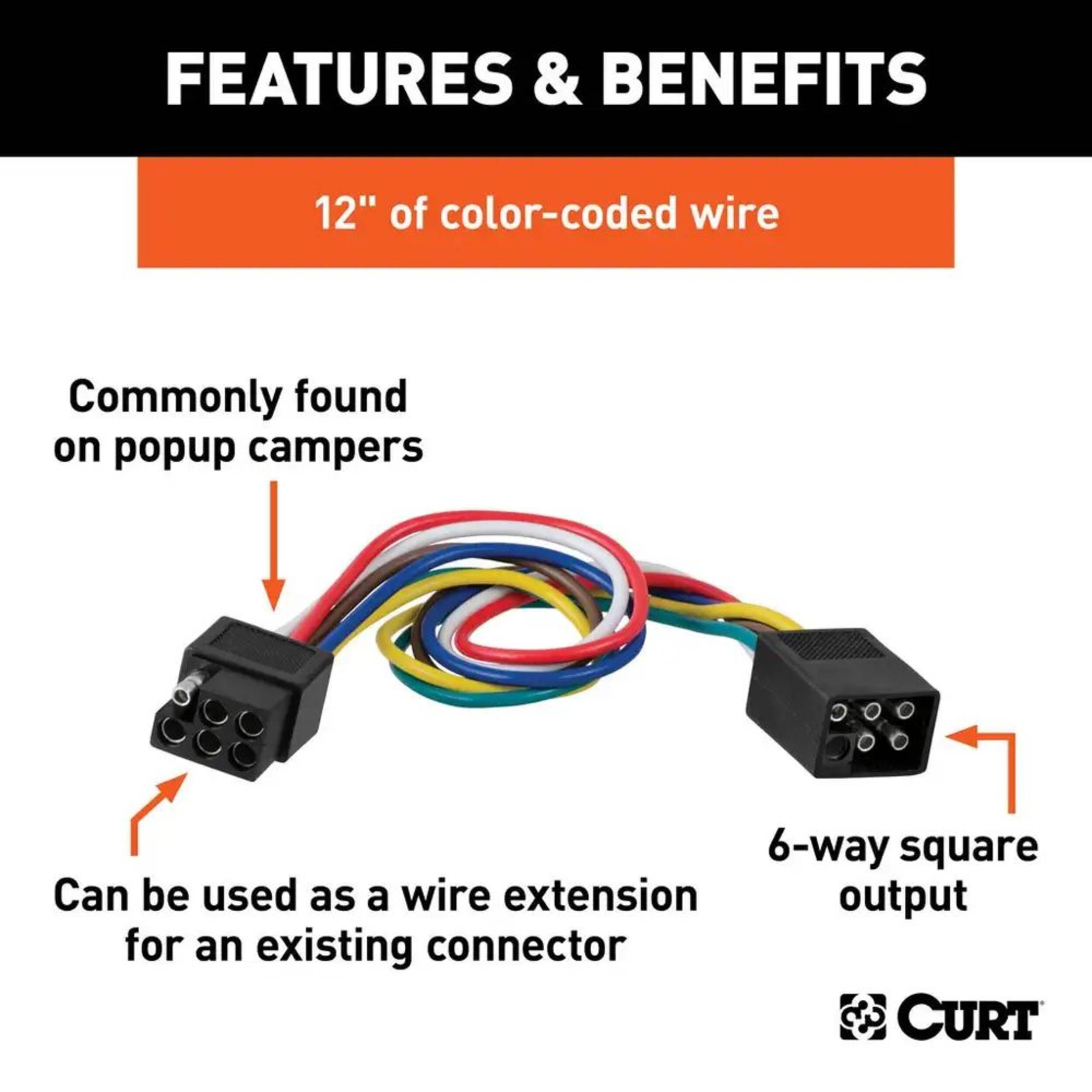 CURT 58034 6Way Square Vehicle & Trailer Connector Plug & Socket with
