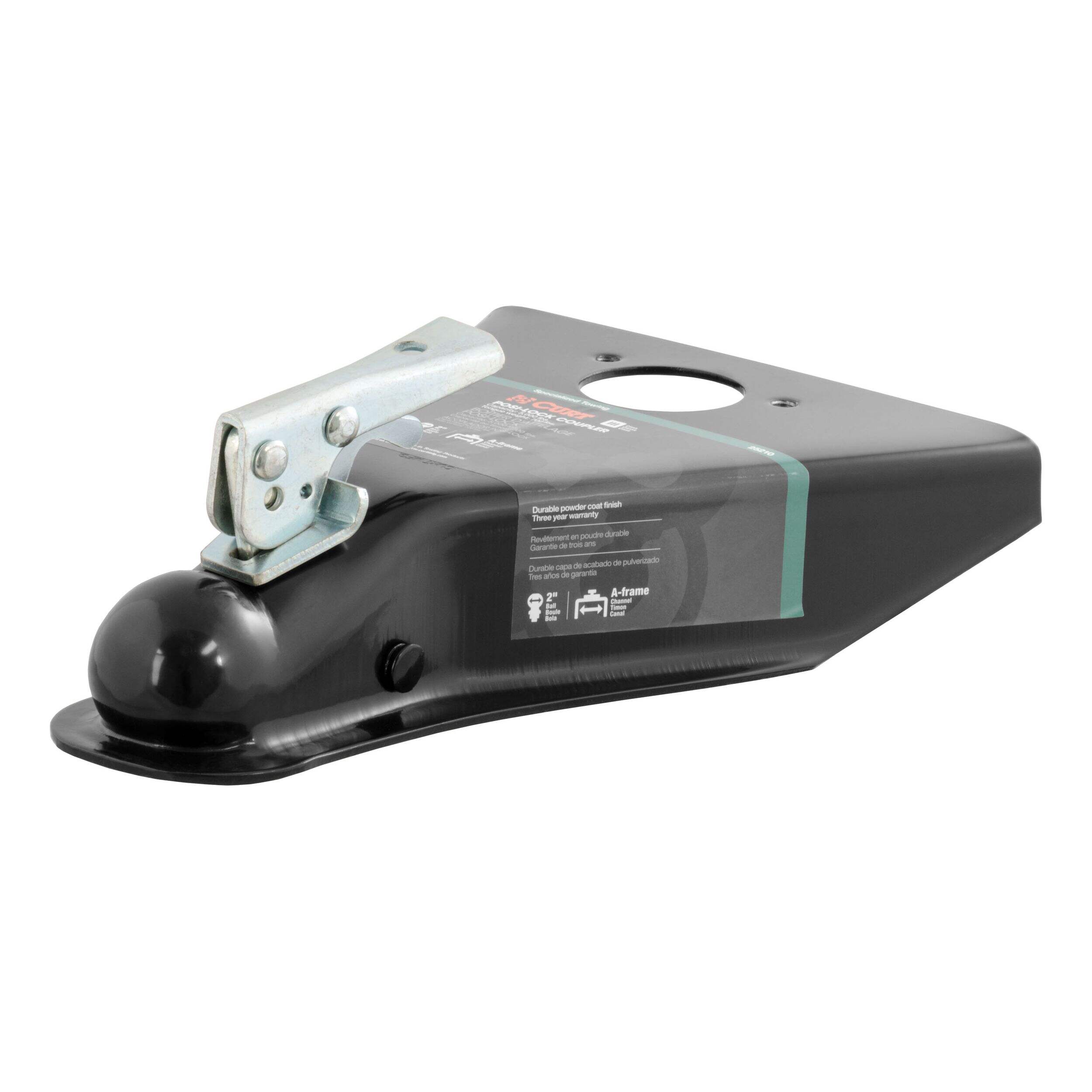 CURT 25210 Black A-Frame Trailer Coupler, 2-Inch Hitch Ball, 5,000 lbs Front_Three_Fourths_Angled_Left