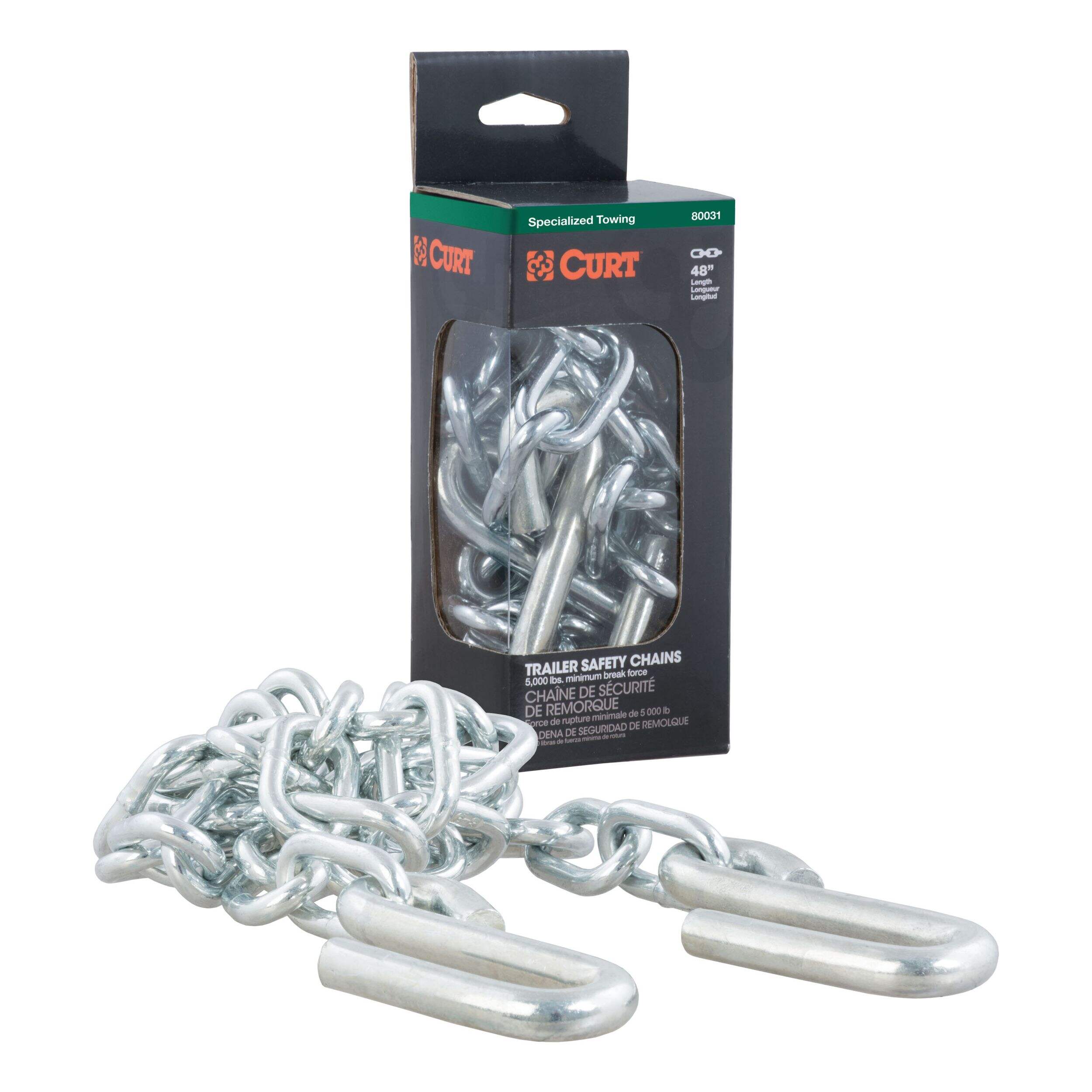 CURT 80031 CURT Safety Chain with S-Hooks, 48-in, 5,000-lb, Clear Zinc Front_Angled_Right