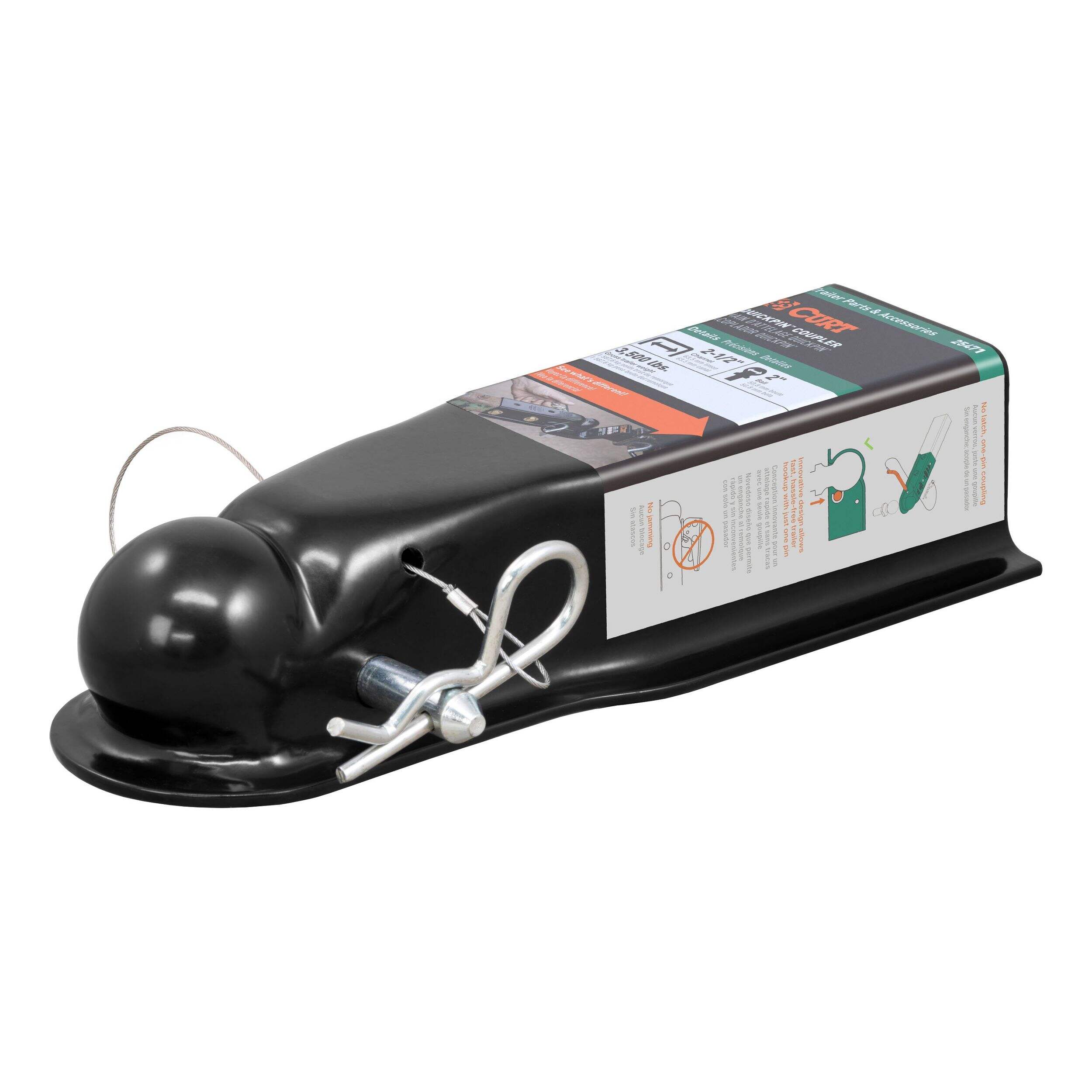 CURT QuickPin No-Latch Trailer Coupler, 2.5-in Channel, 3500-lbs Front_Three_Fourths_Angled_Left