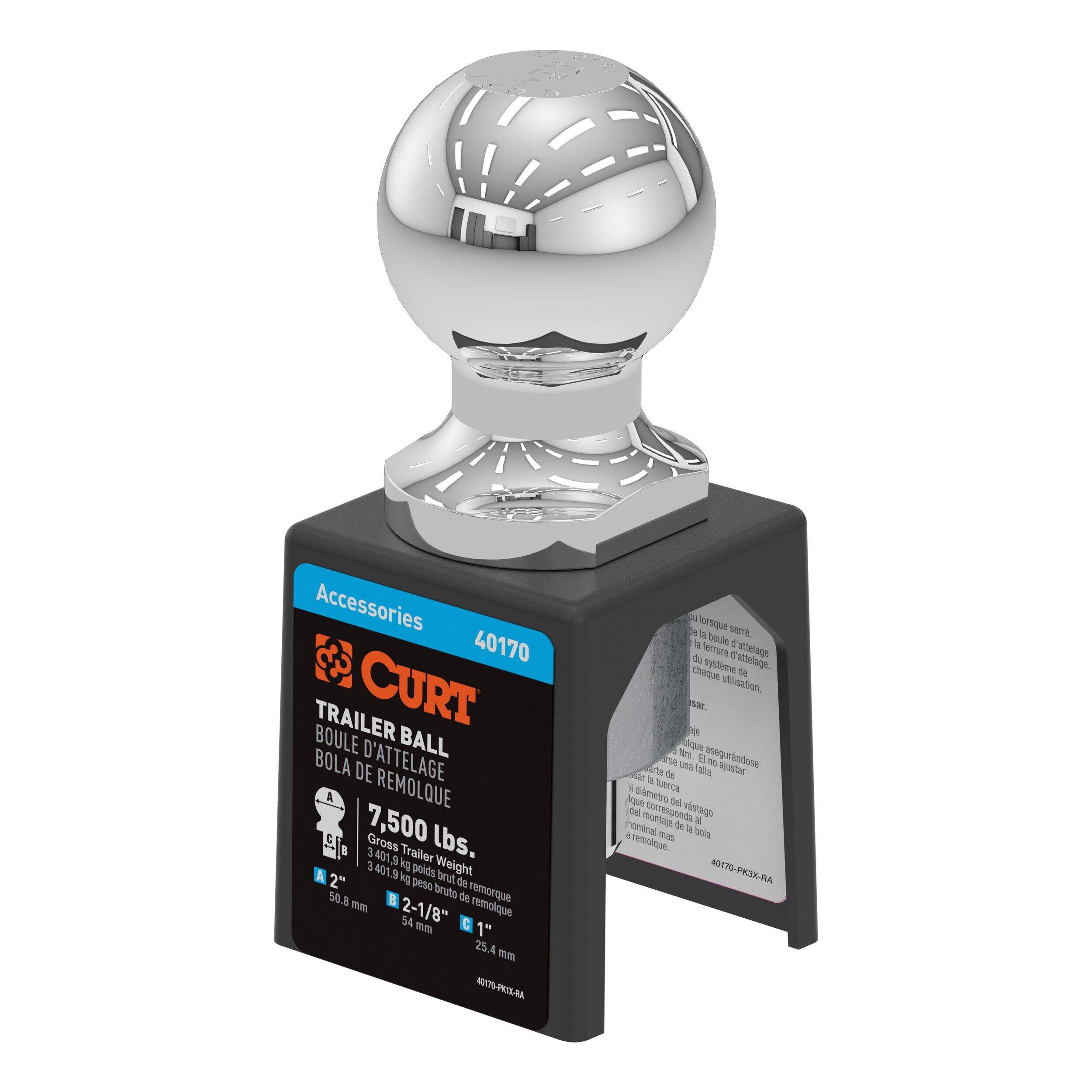 Boule d'attelage de remorque CURT 40170, 7 500 lb, diamètre de 2 po, tige de 1 x 2-1/8 po, chrome Front_Angled_Left