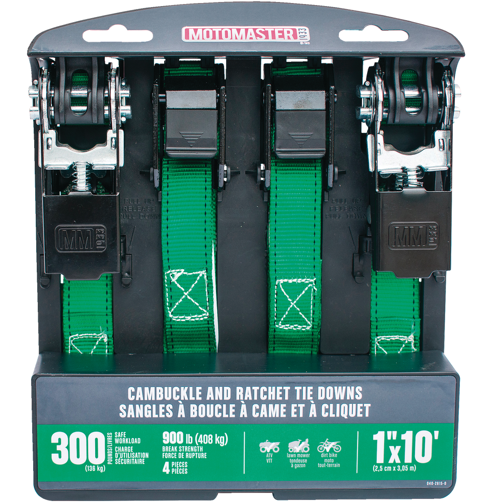 MotoMaster 900lb Ratchet/Cambuckle Tie Down Straps, NonPadded, 1in x