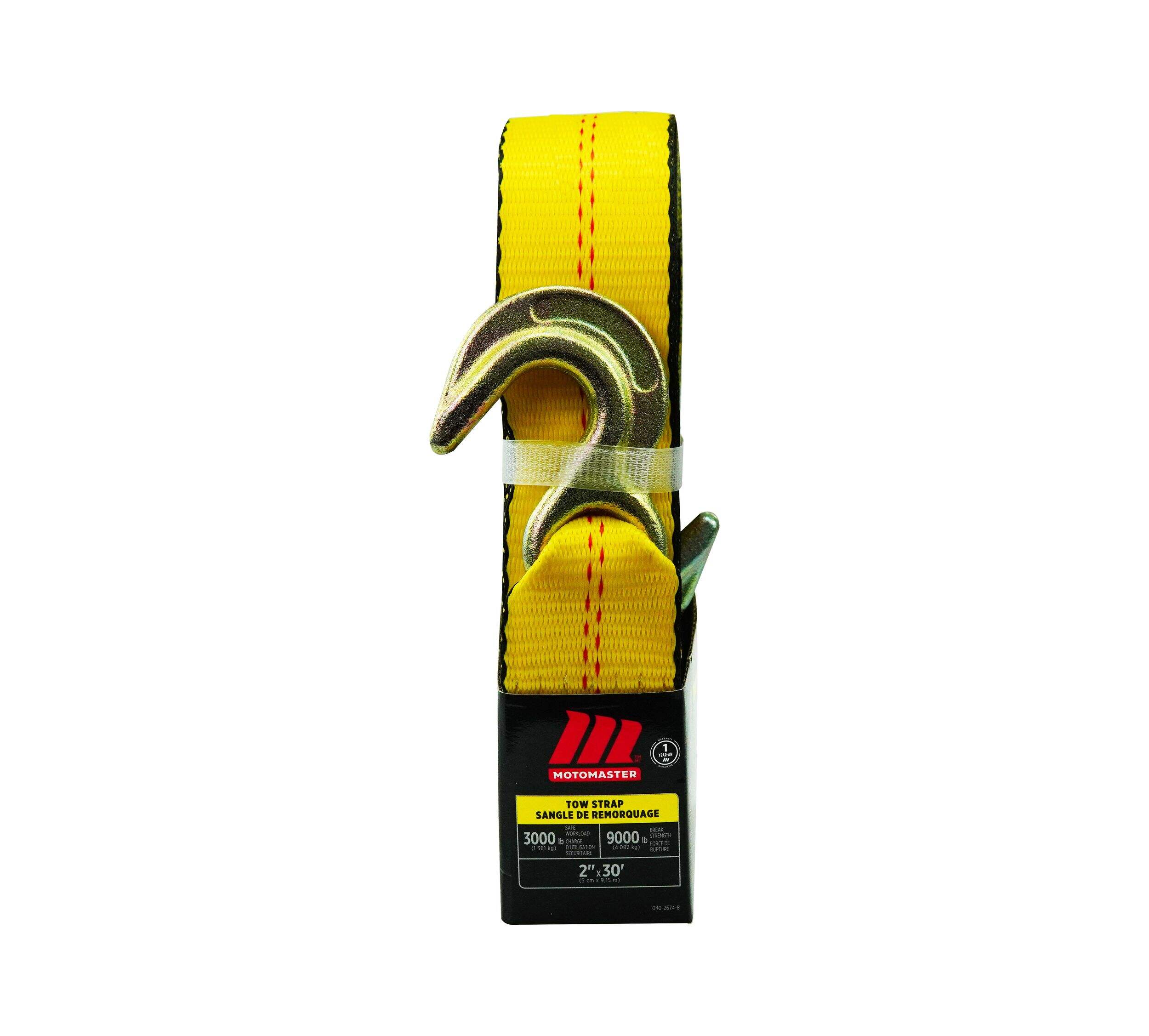 MotoMaster 9,000-lb Tow Strap, with Rust-Resistant Hooks, 2-in x 30-ft Front_Flat