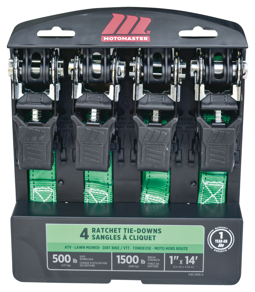 MotoMaster 1,500lb Padded Ratchet Tie Down Straps, 1in x 14ft, 4pk