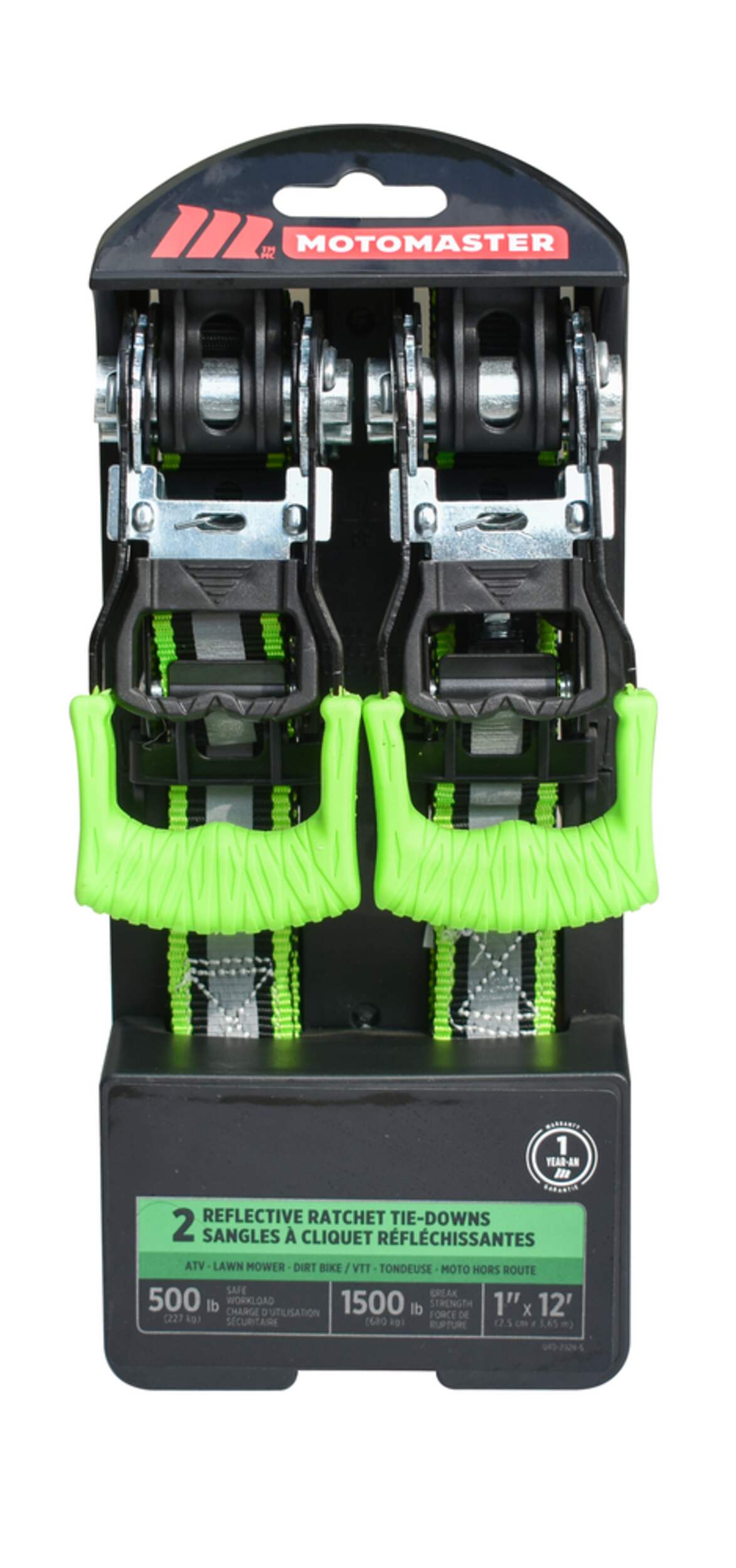 MotoMaster 1,500-lb Reflective Ratchet Tie-Down Strap with Padded D-Handle, 1-in x 12-ft, 2-pk Front_Elevated