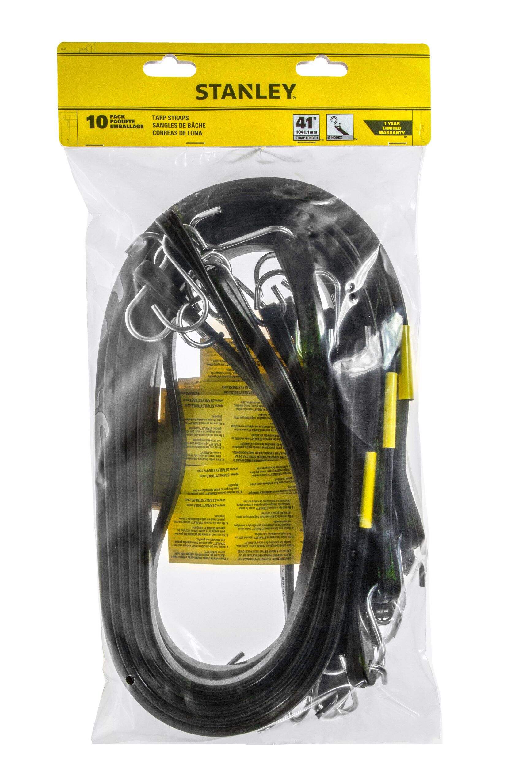 Stanley Tarp Straps, All-Weather Rubber Bungee Cords with S-Hooks, 41-in, 10-pk Front_Flat