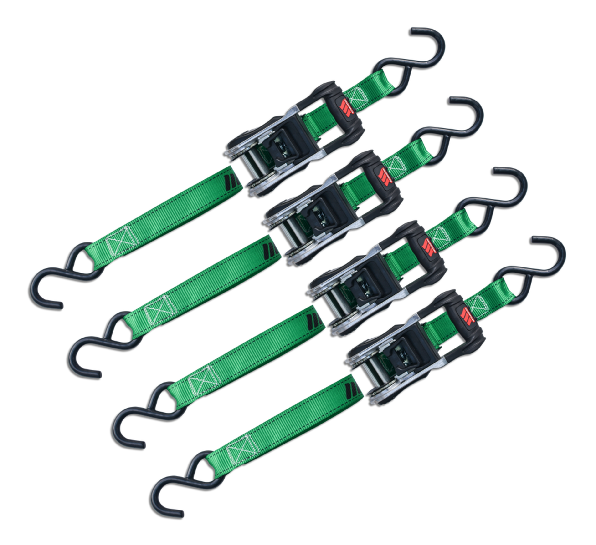 MotoMaster 1,500-lb Ratchet Tie Down, with Padded D-Handle, 1-in x 14-ft, 4-pk, Green Front_Angled_Left