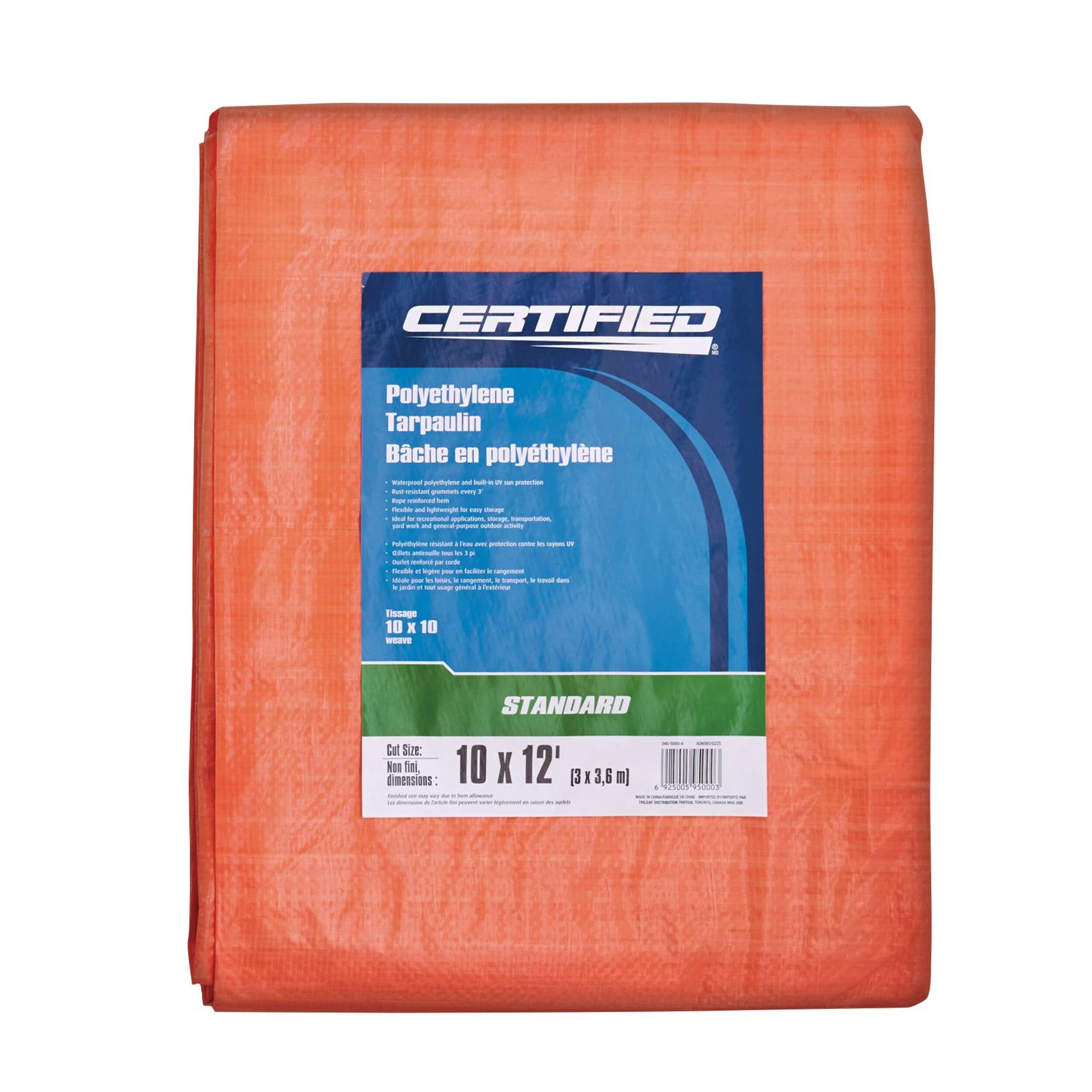 Certified Standard Duty Orange Poly Tarp, for High Visibility, 10-ft x 12-ft Front_Flat