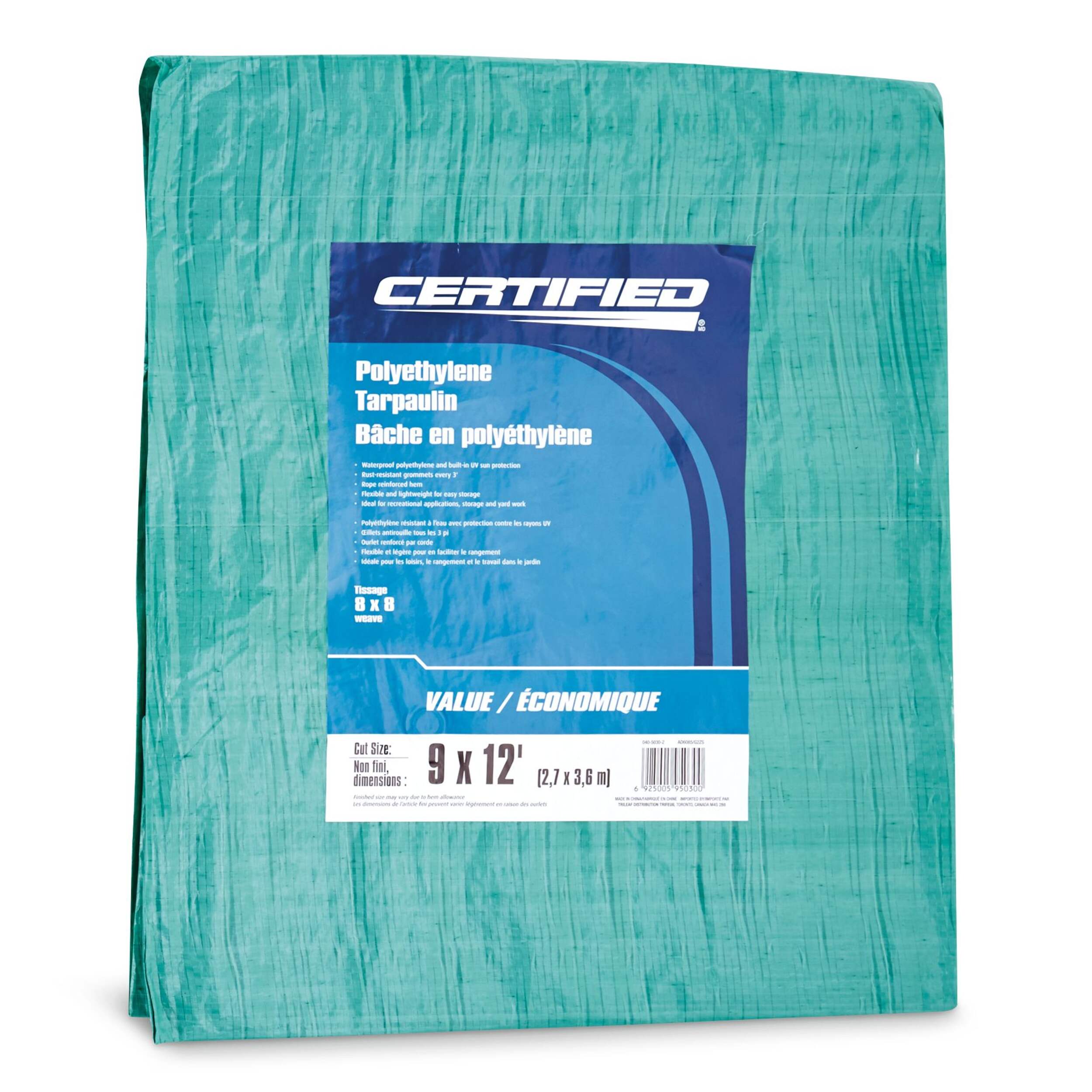 Certified Light Duty Poly Tarp, Waterproof, 9-ft x 12-ft Front_Flat