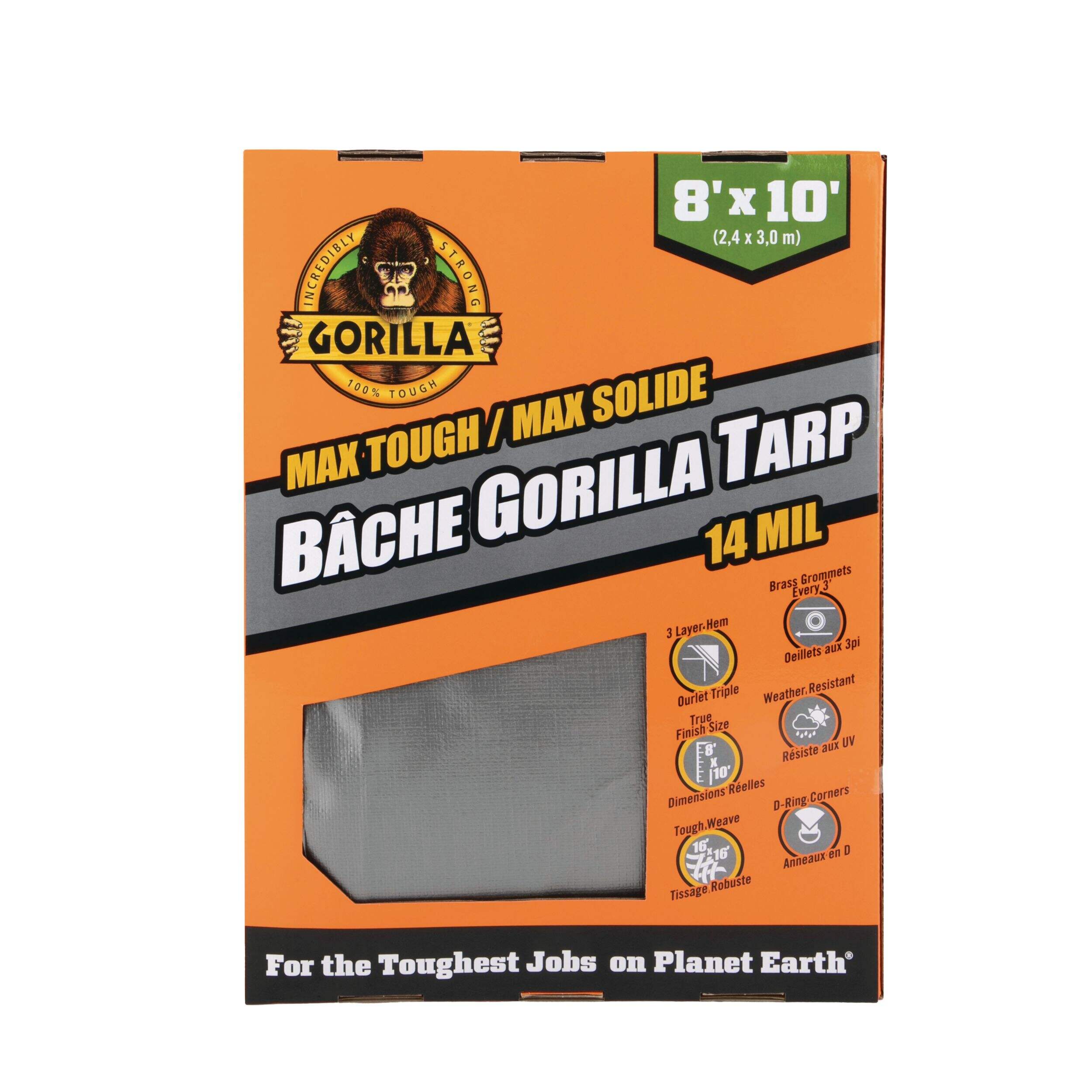 Gorilla Premium Max Tough Heavy-Duty Tarp, 14-Mil, 8-ft x 10-ft, Grey Front_Flat
