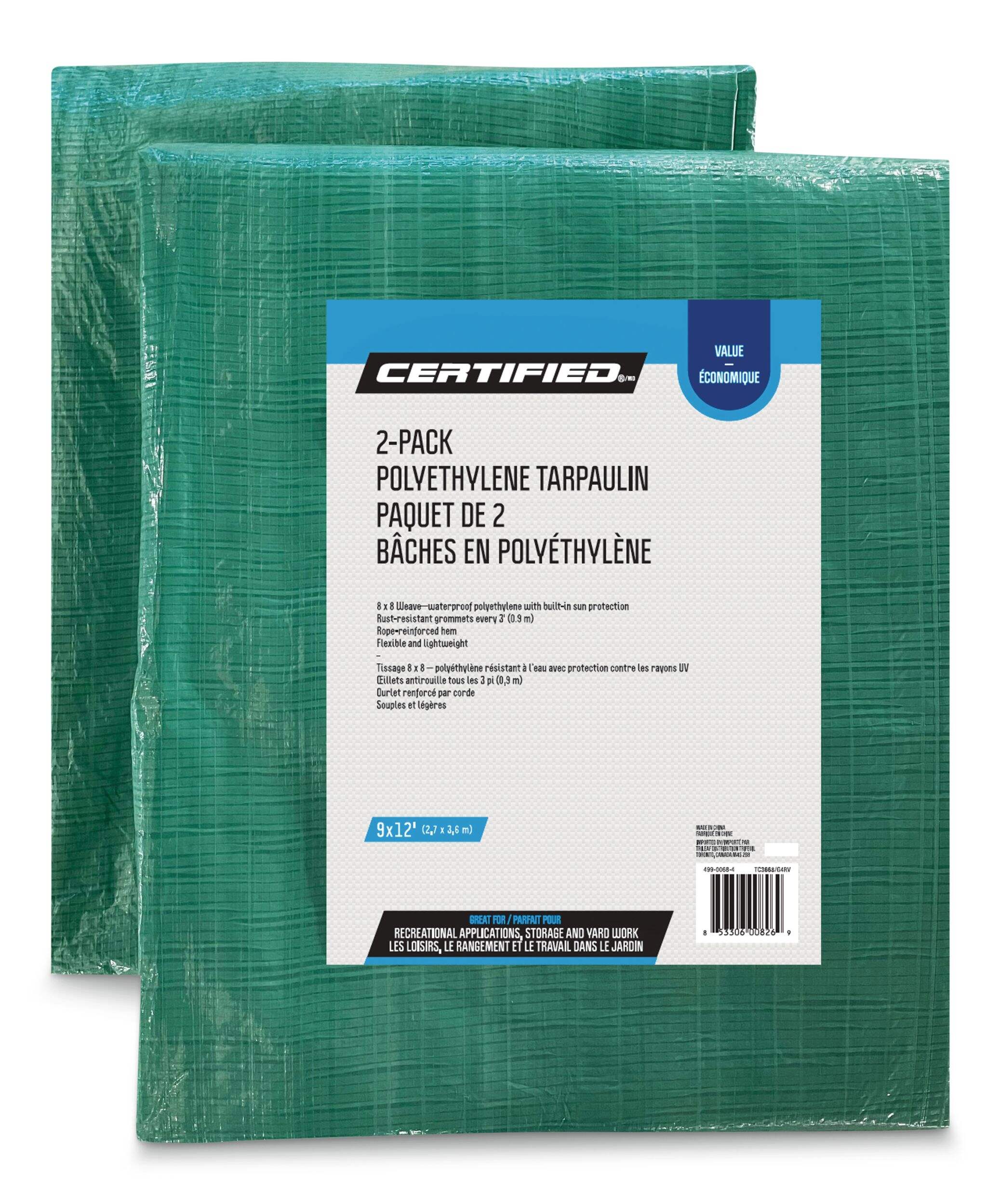 Certified Value Tarp, Waterproof, 9-ft x 12-ft, 2-pk Composite_or_Mixed
