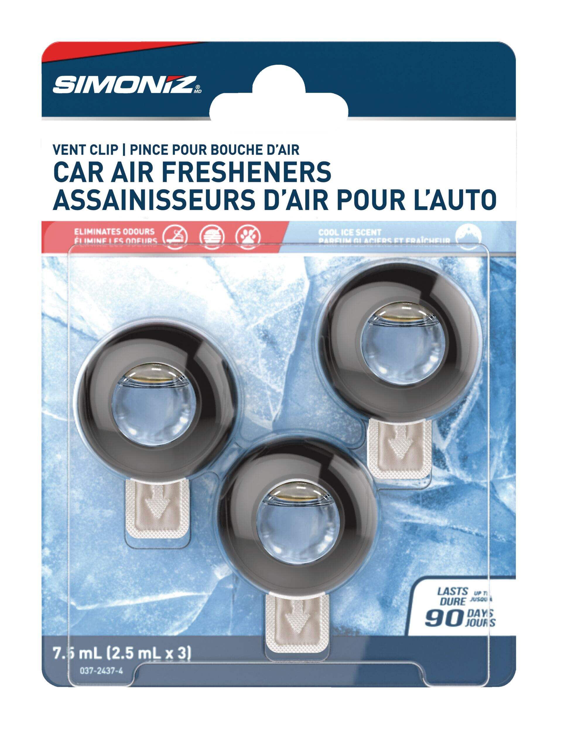 Assainisseur d'air à pince pour auto Simoniz, glace rafraîchissante, paq. 3 Front_Flat