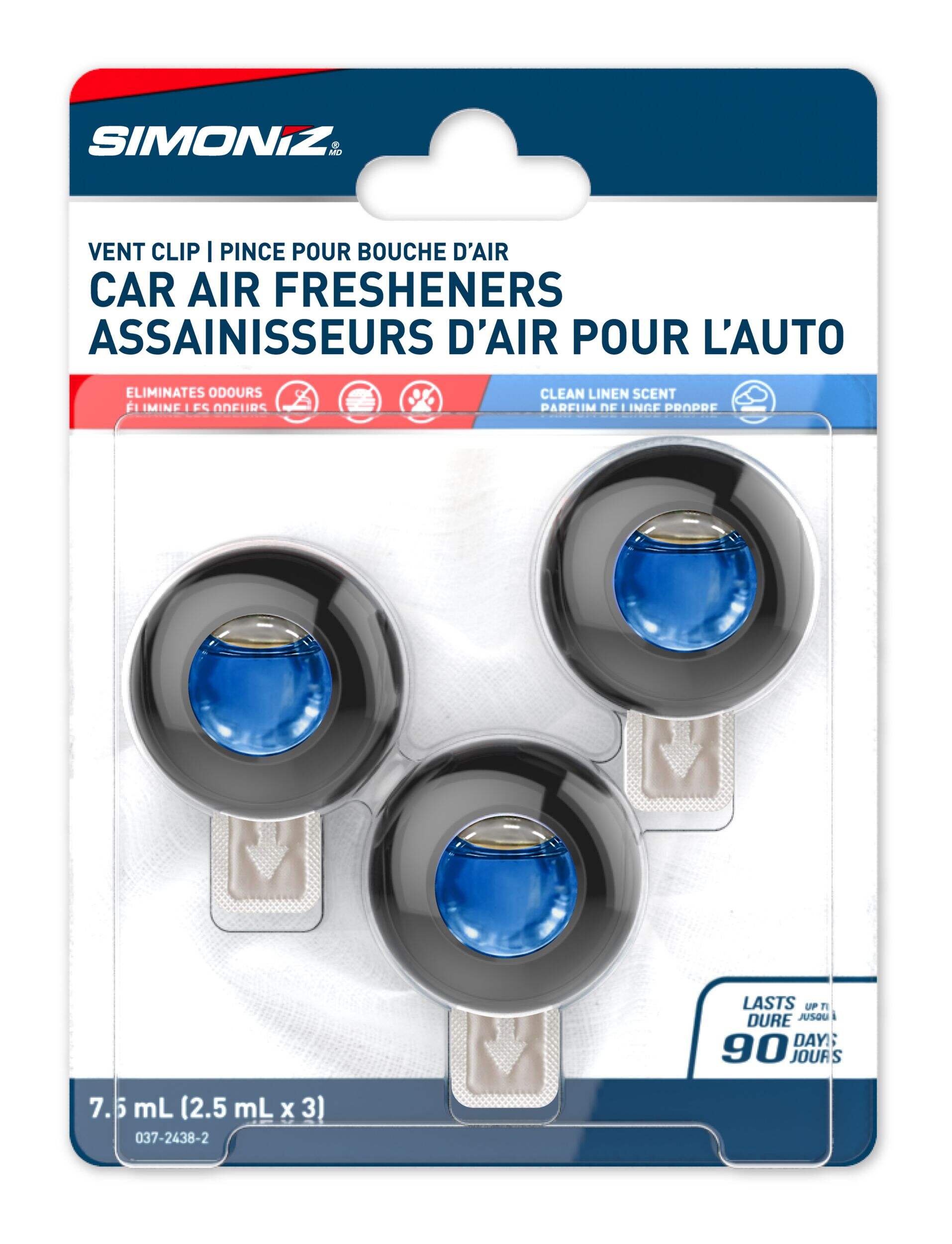 Assainisseur d'air à pince pour auto Simoniz, Lin et ciel, paq. 3 Front_Flat