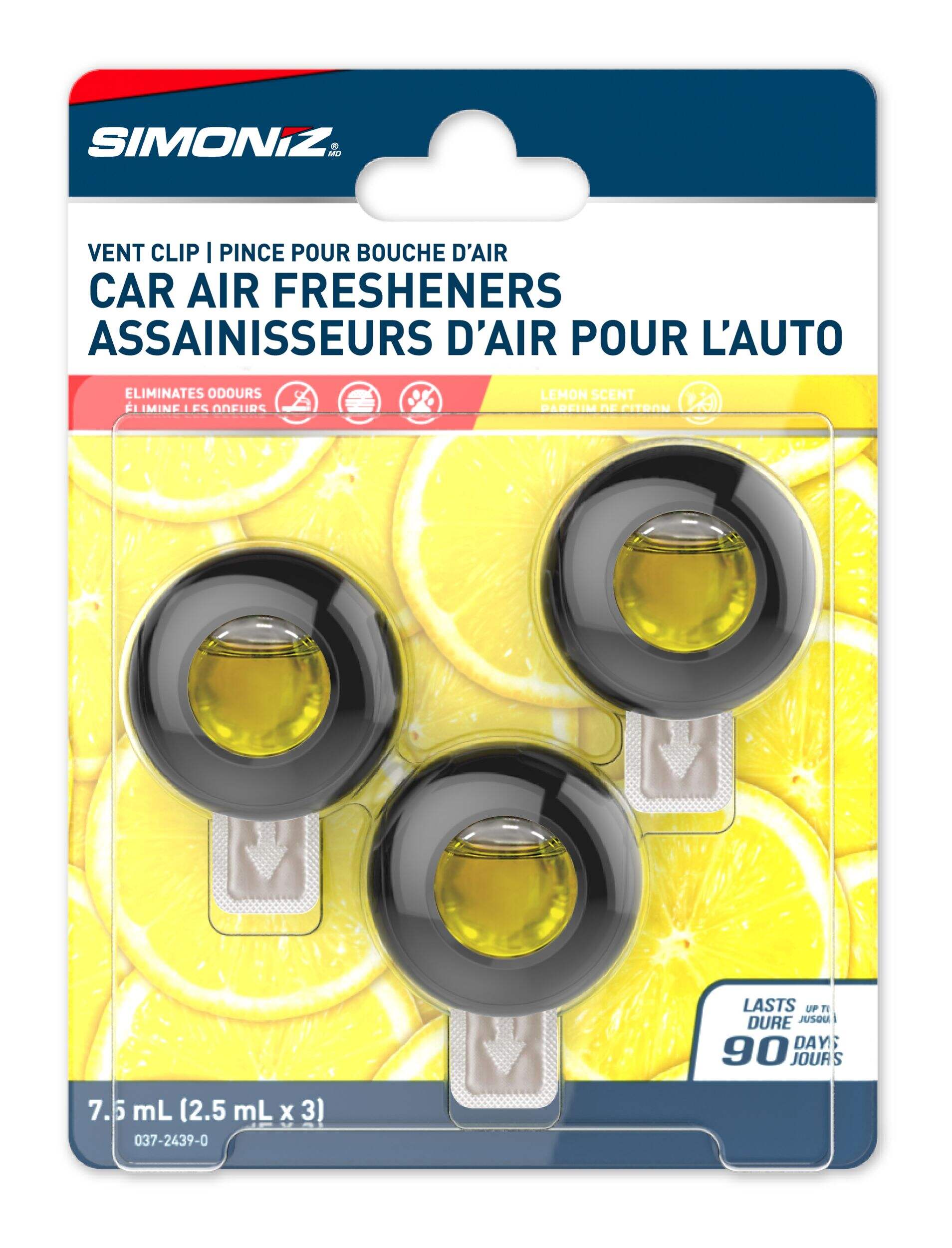 Assainisseur d'air à pince pour auto Simoniz, Citron, paq. 3 Front_Flat