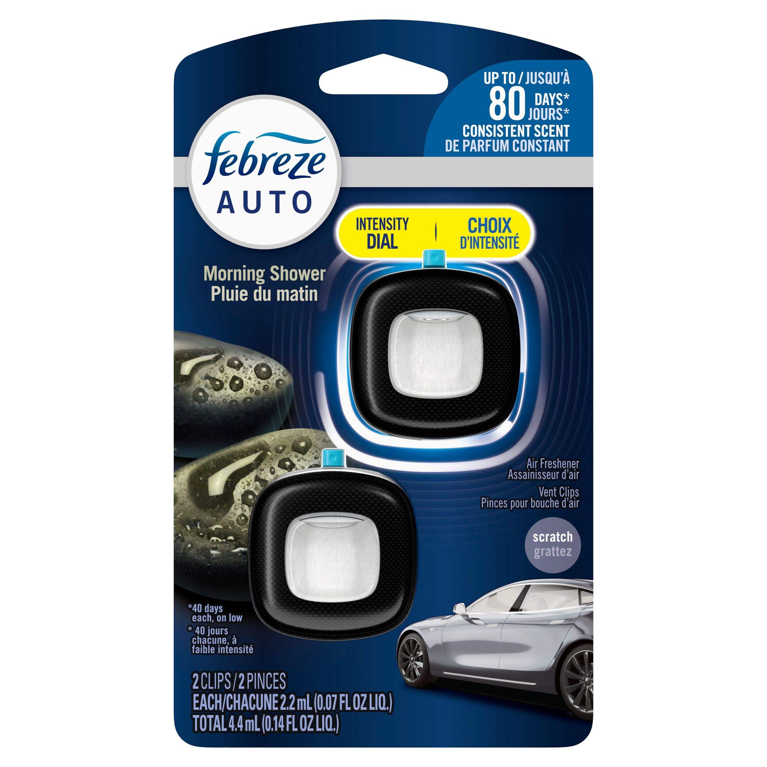 Febreze AUTO Air Freshener Vent Clip Morning Shower Scent, 2.2 mL, Pack of 2 Front_Flat