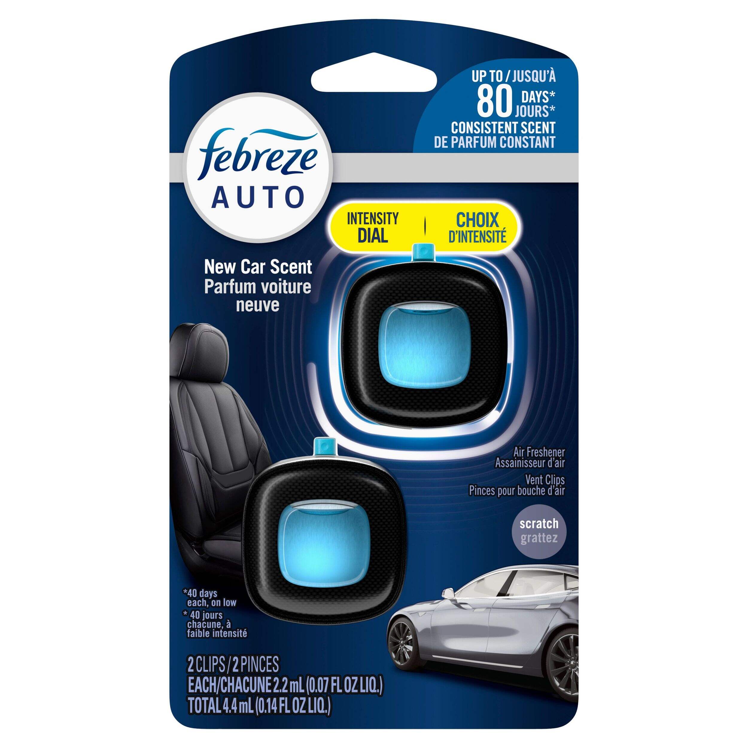 Febreze AUTO Air Freshener Vent Clip New Car Scent, 2.2 mL, Pack of 2 Front_Flat