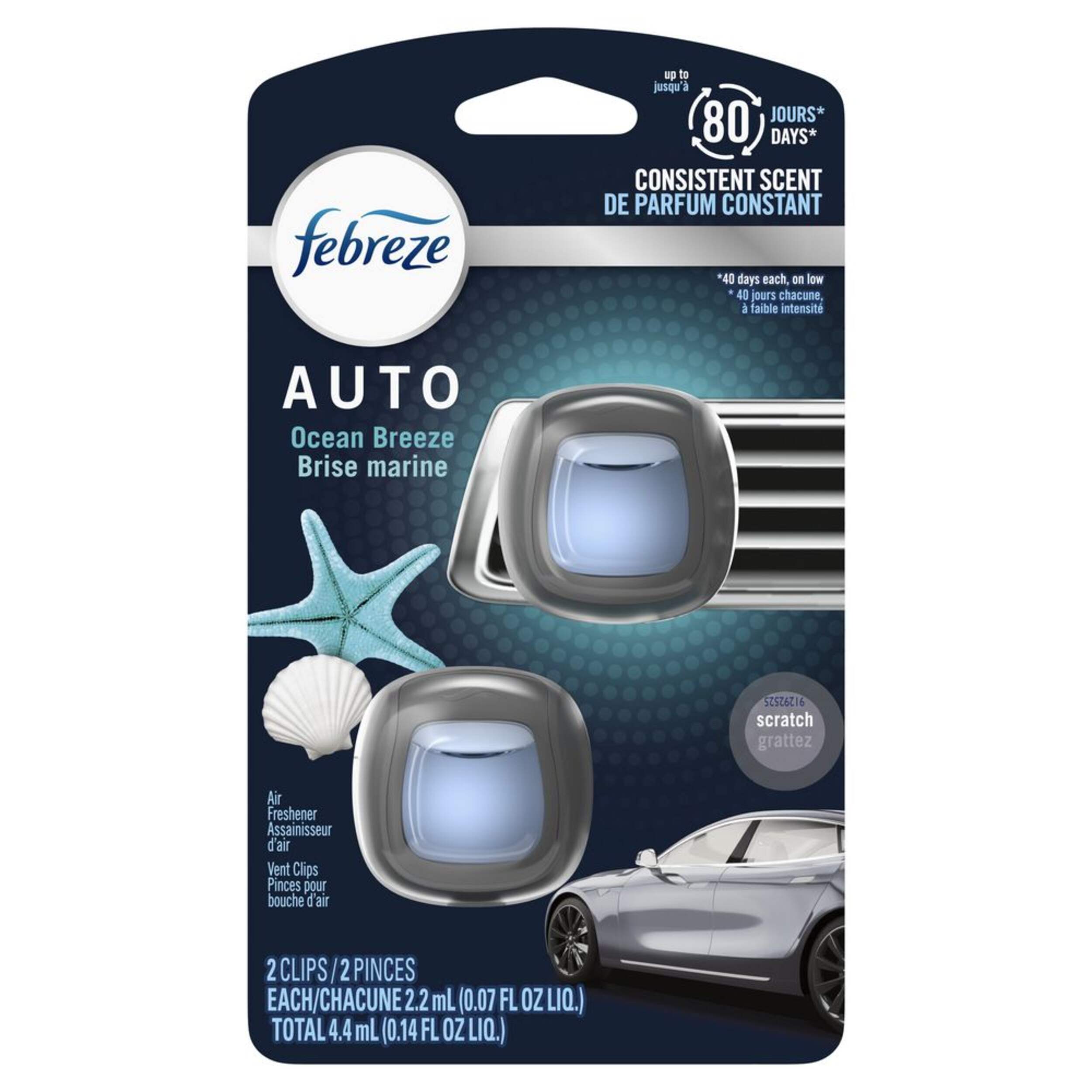 Febreze AUTO Air Freshener Vent Clip Ocean Breeze Scent, 2.2 mL, Pack of 2 Front_Flat